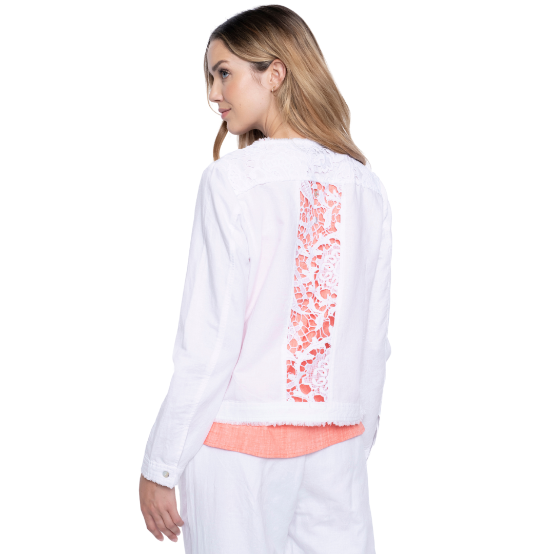 Hannahs Or Erin - Erin Ontario - Picadilly Jacket With Lace Trim - White Picadilly Jacket With Lace Fringe hem detail on neckline, hemline, and cuffs Lace panel inlay at back Button front closure Lace details on front Made of linen Perfect for layering over sundresses or dressing up tanks or tees