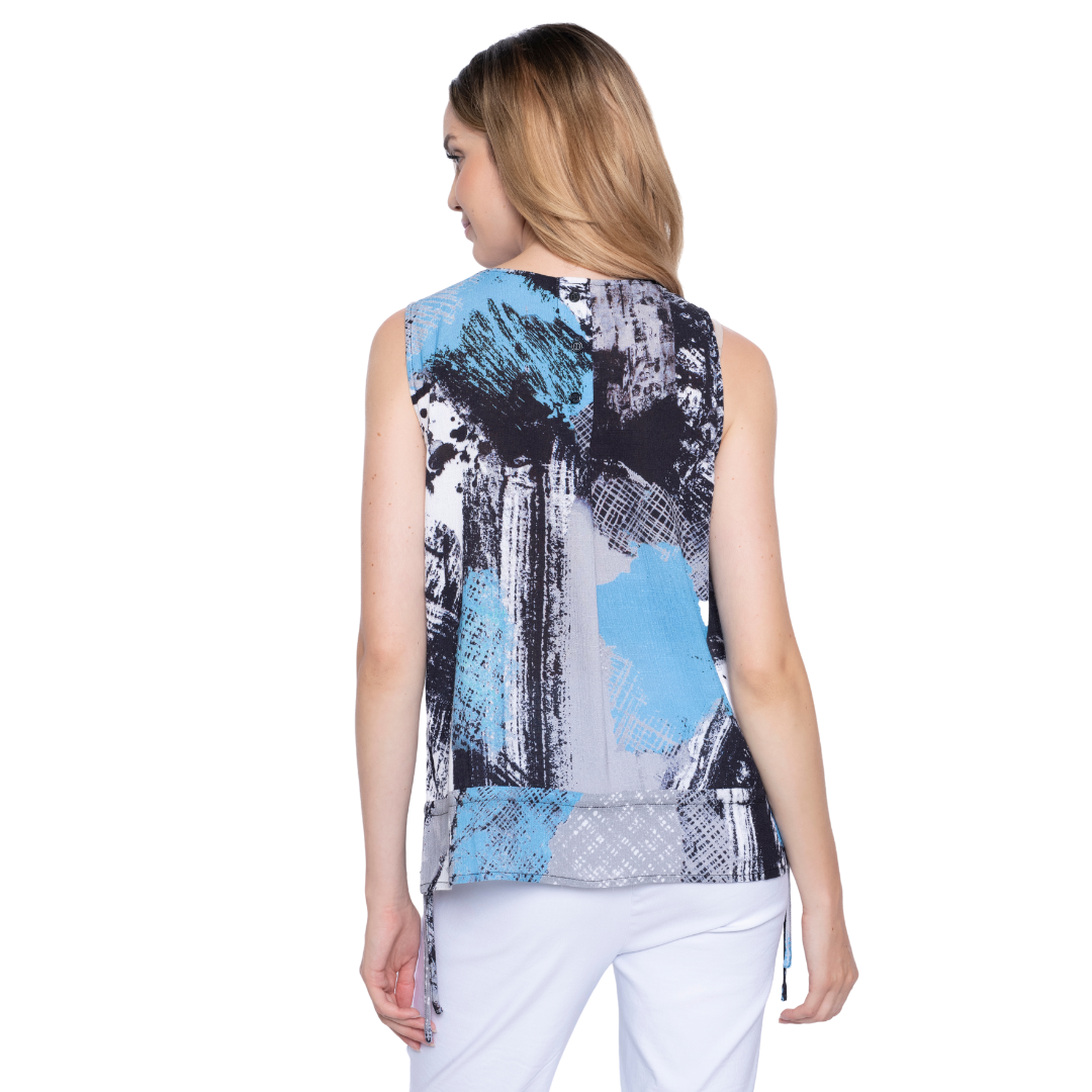 Hannahs Of Erin - Erin Ontario - Picadilly - Malibu - Tank Top. Picadilly Drawstring Ruched Tank Top Sleeveless with classic crew neckline Abstract print in black, grey, white, and turquoise High-low hemline with drawstring details Buttons at the back for added detail