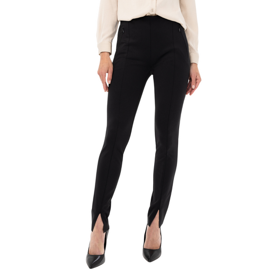 Hannahs Of Erin - Erin Ontario - Renuar - Pante Pant - Black Tech Knit Slim Pant: A blend of comfort and timeless elegance. Strikes a perfect balance between coziness and chic style. Trendy notch hemline and practical zip pockets for a modern twist. Flattering silhouette with a flat front and high-rise waist. Easy pull-on style for convenience and comfort. Front seam detail adds sophistication, ideal for pairing with tops and jackets to effortlessly combine comfort and style.