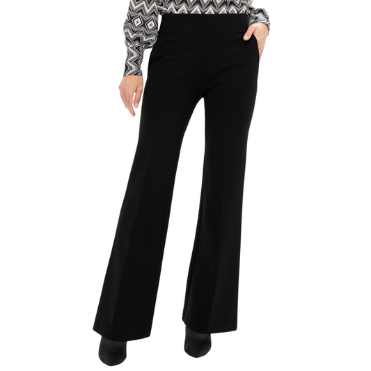 Hannahs Of Erin - Erin Ontario - Renuar Pull On Flare Pants - R10054.Flare pull-on ponte pants create an illusion of longer legs. Made from ponte fabric for effortless drape and beautiful hang. Includes convenient pockets and a flat front design for practicality and style. High-rise fit and elastic flat waistband for comfort and a flattering look. Suitable for special occasions or stylish everyday outfits; versatile wardrobe staple. Black 