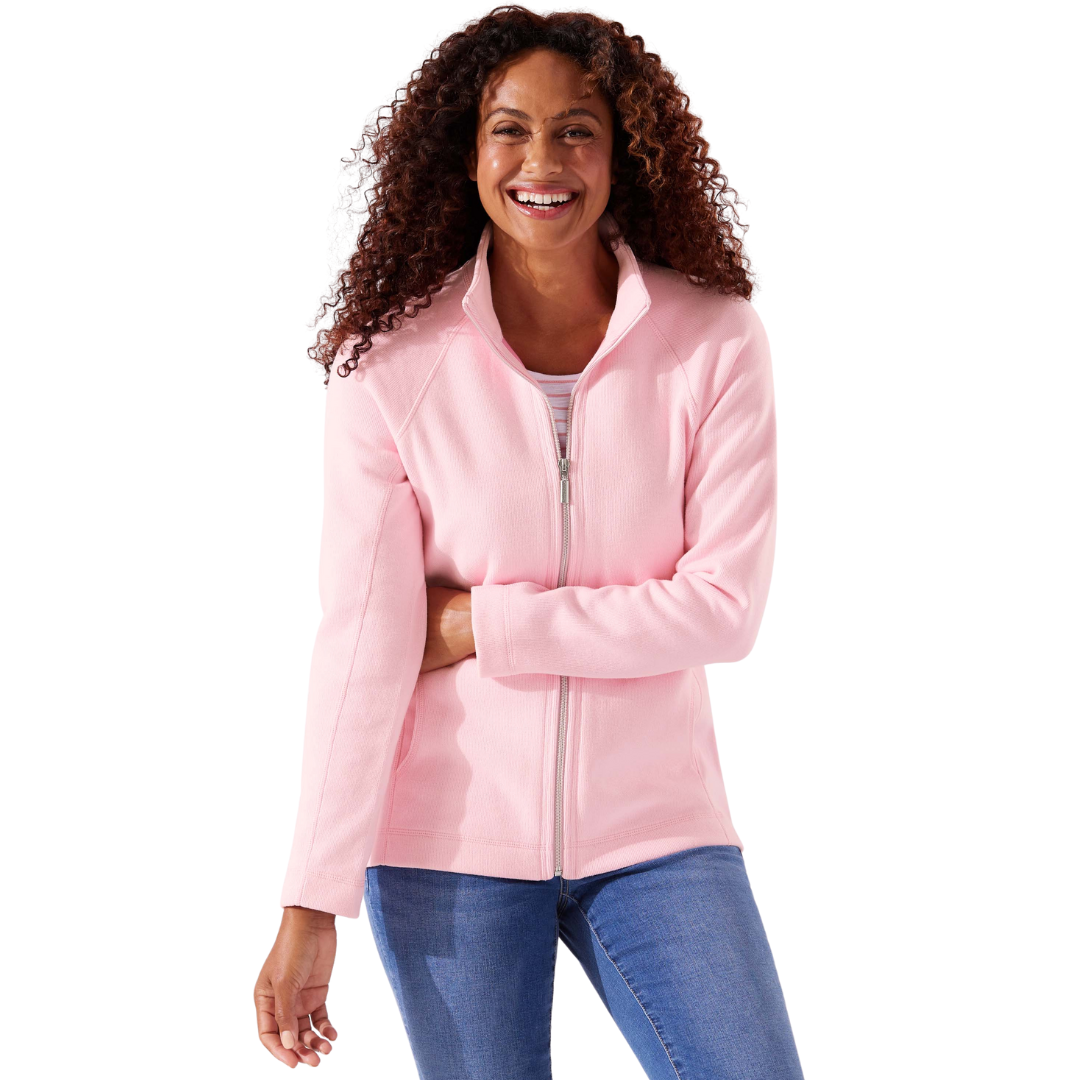 Hannahs Of Erin - Erin Ontario - TOMMY BAHAMA ARUBA FULL ZIP SWEATSHIRT [TW219878-24]: A preppy sweater in three colors (White, Rose, Sky). Versatile for morning hikes, chilly summer nights, or completing any outfit. Classic and timeless preppy vibes with mock neck, full zipper, and convenient pockets. Combines style and functionality seamlessly. Super-soft and cozy feel for comfort on various occasions. Luxurious warmth in an exquisite TOMMY BAHAMA creation. Sophistication meets casual charm. Rose.