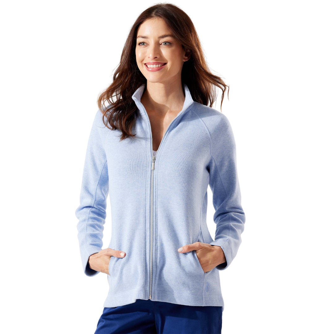 Hannahs Of Erin - Erin Ontario - TOMMY BAHAMA ARUBA FULL ZIP SWEATSHIRT [TW219878-24]: A preppy sweater in three colors (White, Rose, Sky). Versatile for morning hikes, chilly summer nights, or completing any outfit. Classic and timeless preppy vibes with mock neck, full zipper, and convenient pockets. Combines style and functionality seamlessly. Super-soft and cozy feel for comfort on various occasions. Luxurious warmth in an exquisite TOMMY BAHAMA creation. Sophistication meets casual charm. Sky.