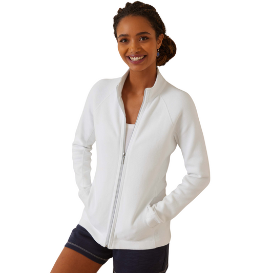 Hannahs Of Erin - Erin Ontario -  TOMMY BAHAMA ARUBA FULL ZIP SWEATSHIRT [TW219878-24]: A preppy sweater in three colors (White, Rose, Sky). Versatile for morning hikes, chilly summer nights, or completing any outfit. Classic and timeless preppy vibes with mock neck, full zipper, and convenient pockets. Combines style and functionality seamlessly. Super-soft and cozy feel for comfort on various occasions. Luxurious warmth in an exquisite TOMMY BAHAMA creation. Sophistication meets casual charm. White.