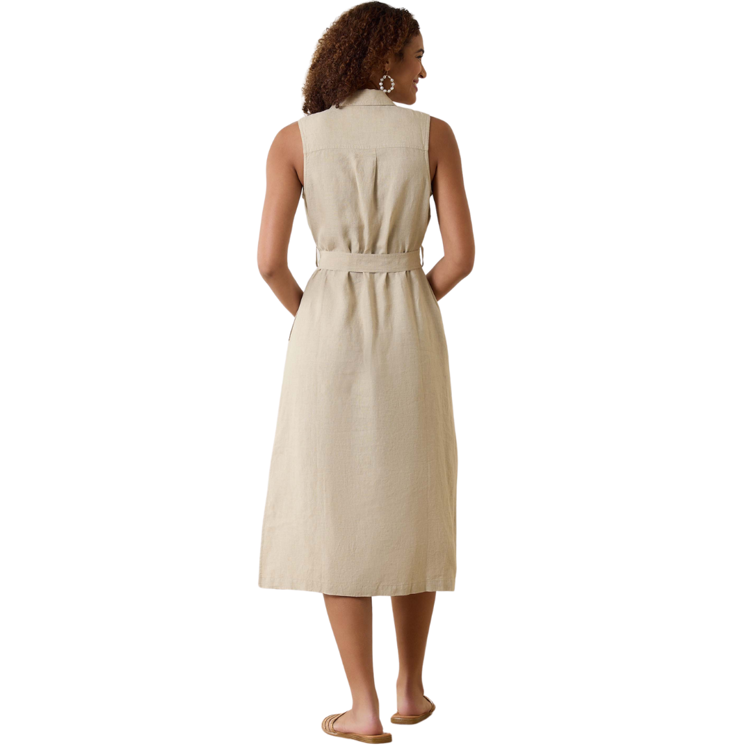 Hannahs Of Erin - Erin Ontario - Tommy Bahama Product: TOMMY BAHAMA TWO PALMS DRESS [SW622047] Description: Stunning sleeveless linen dress with laid-back elegance. Features: Midi shirt dress, Two Palms linen fabric for airy comfort. Details: Breast pockets, side pocketsbelted waistband, classic collar. Versatility: Full button front for endless styling options. Customizable Fit: Removable belt ensures effortless style. Material: Crafted from 100% linen.
