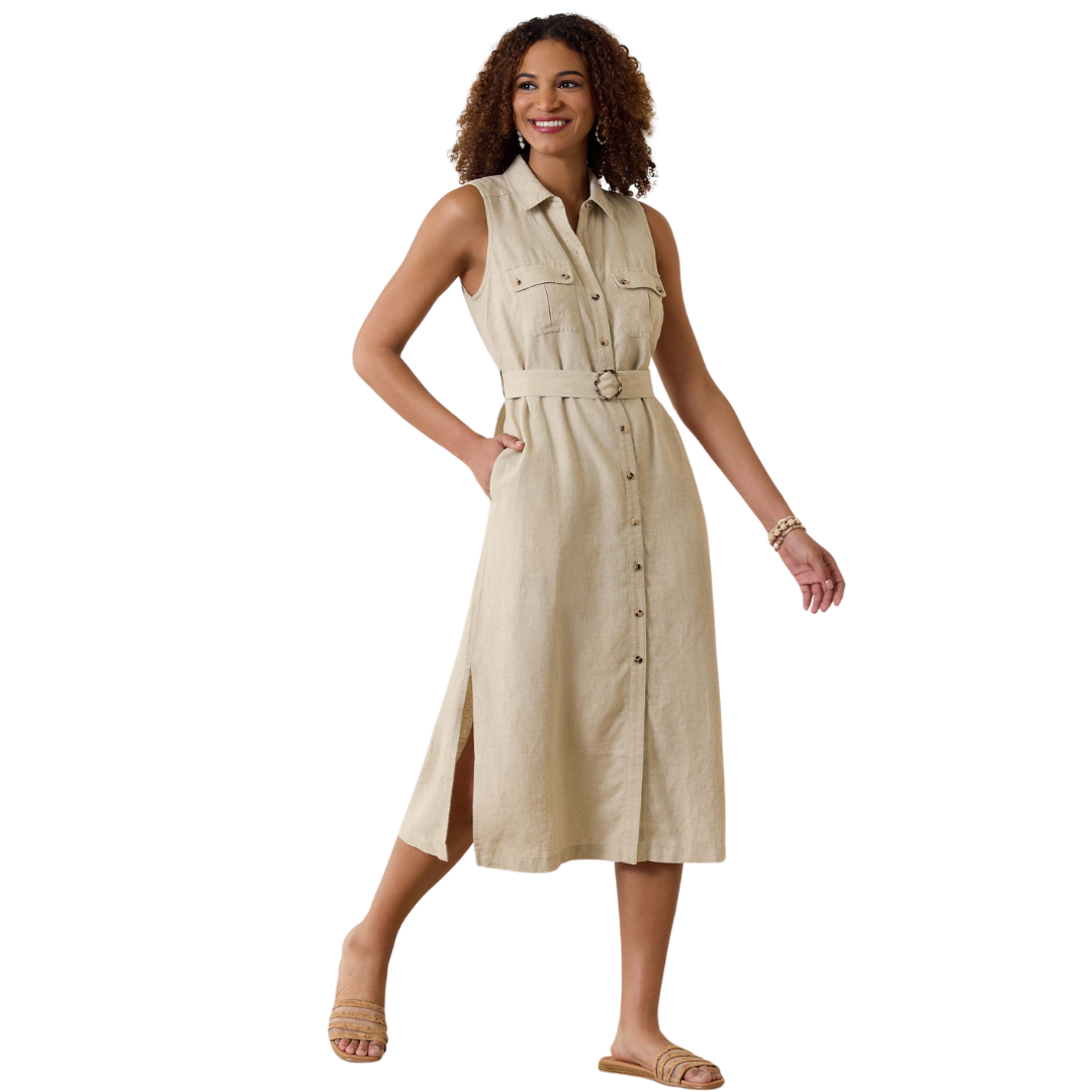 Hannahs Of Erin - Erin Ontario - Tommy Bahama Product: TOMMY BAHAMA TWO PALMS DRESS [SW622047] Description: Stunning sleeveless linen dress with laid-back elegance. Features: Midi shirt dress, Two Palms linen fabric for airy comfort. Details: Breast pockets,  side pocketsbelted waistband, classic collar. Versatility: Full button front for endless styling options. Customizable Fit: Removable belt ensures effortless style. Material: Crafted from 100% linen. 