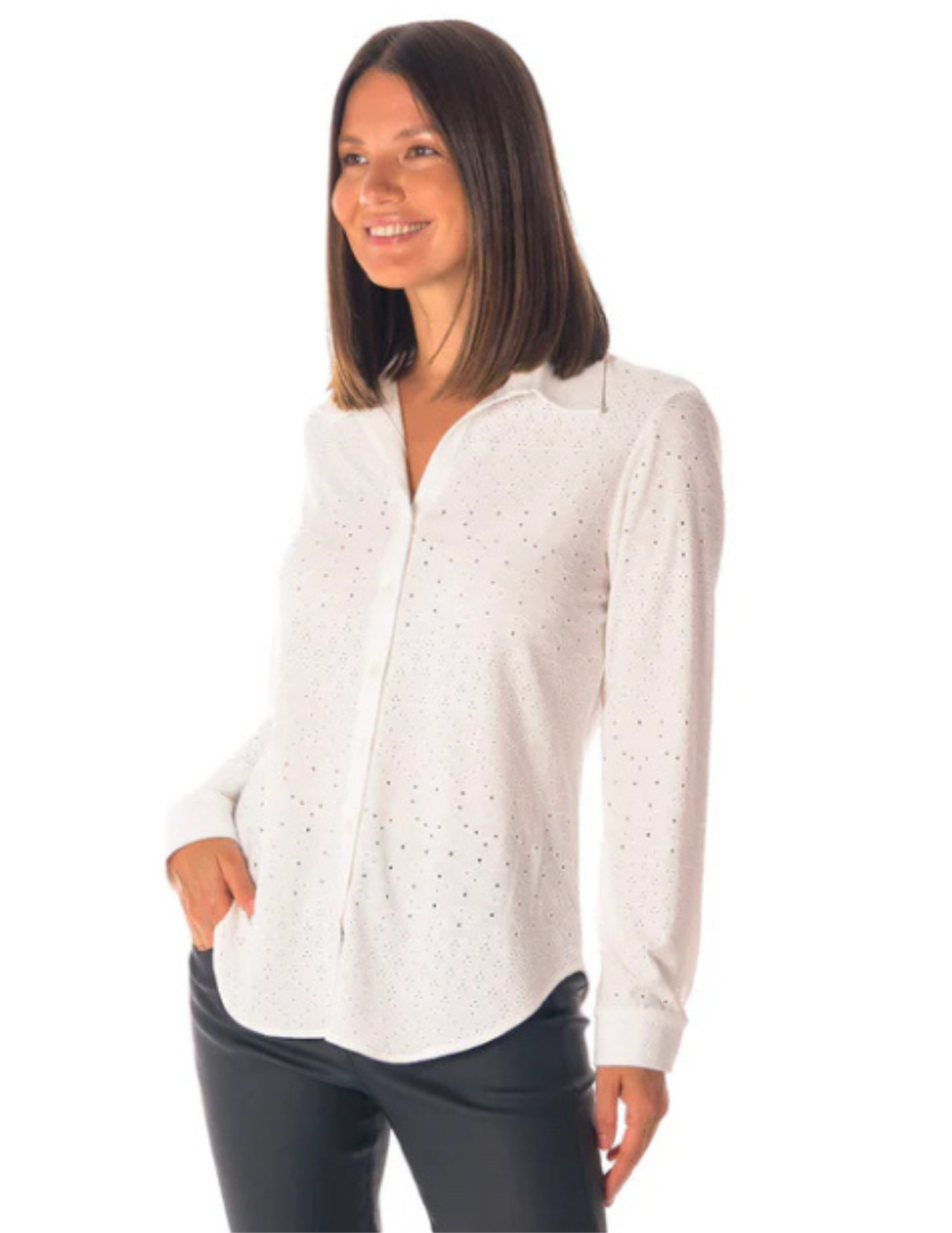 Hannahs Of Erin-Erin Ontario-Beddome-Eyelet Knit Shirt
Product: Eyelet Knit Shirt colour winter white 
Material: Luxurious eyelet knit fabric
Style: Women's top with elegance and comfort
Fit: Relaxed fit, fluid silhouette
Features:
Shoulder yoke
Stylish curved hem
Length: 26" center back
Care: Machine washable
Composition: 95% polyester, 5% spandex
Versatility: Suitable for casual and dressy occasions
Wardrobe Essential: Blends softness and sophistication