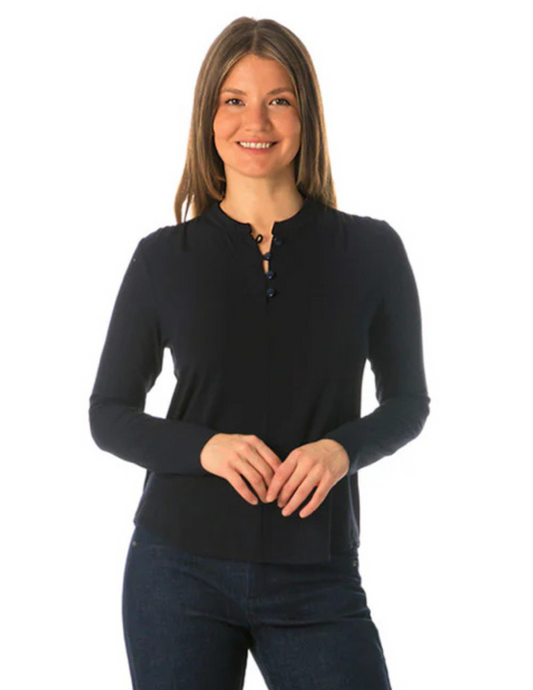 Hannahs Of Erin-Erin Ontario-Beddome-Placket Top-211
Available In Navy,Black,White, Burgundy.

Design Features: Front button placket, gathered shoulders, and slim long sleeves for a touch of casual elegance.
Fit: 23" center back length for a flattering, everyday look.
Material: Bamboo Spandex Eco Jersey – naturally breathable, soft, and comfortable.
Fabric Composition: 92% Bamboo, 8% Spandex for a sustainable, stretchy feel.
Styling: Effortlessly pairs with any pants for versatile, stylish outfits