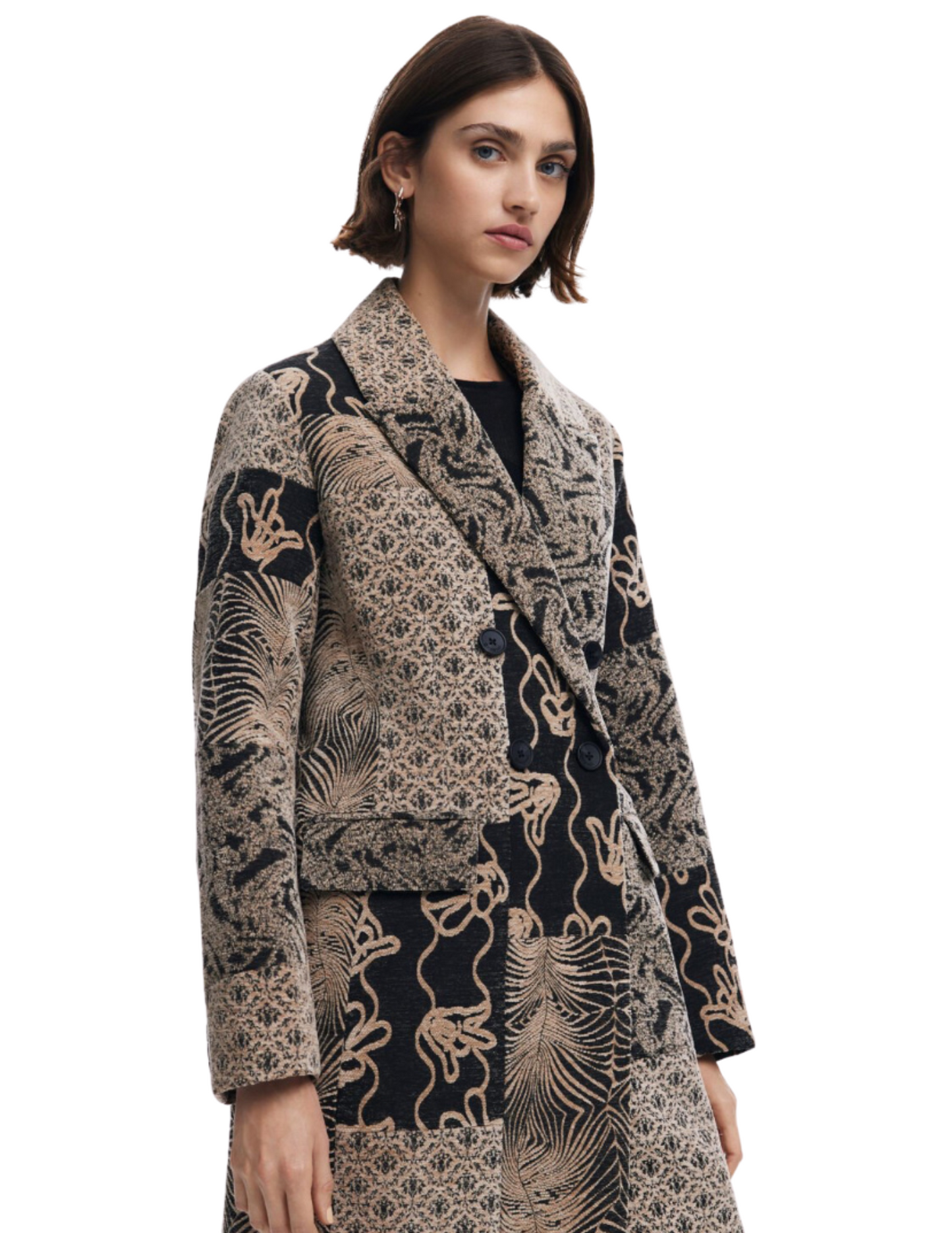 Hannahs Of Erin-ErinOntario-Desigual-Long patch coat-SKU 24WWEW601008 
Desigual Patch Coat with a mix of prints and patterns, long length, V-neck, button closure, and long sleeves. Features exterior pockets and is made from recycled polyester, cotton, and viscose for a stylish, eco-friendly, and durable outerwear option. Perfect as a statement piece for jackets, coats, or sustainable fashion