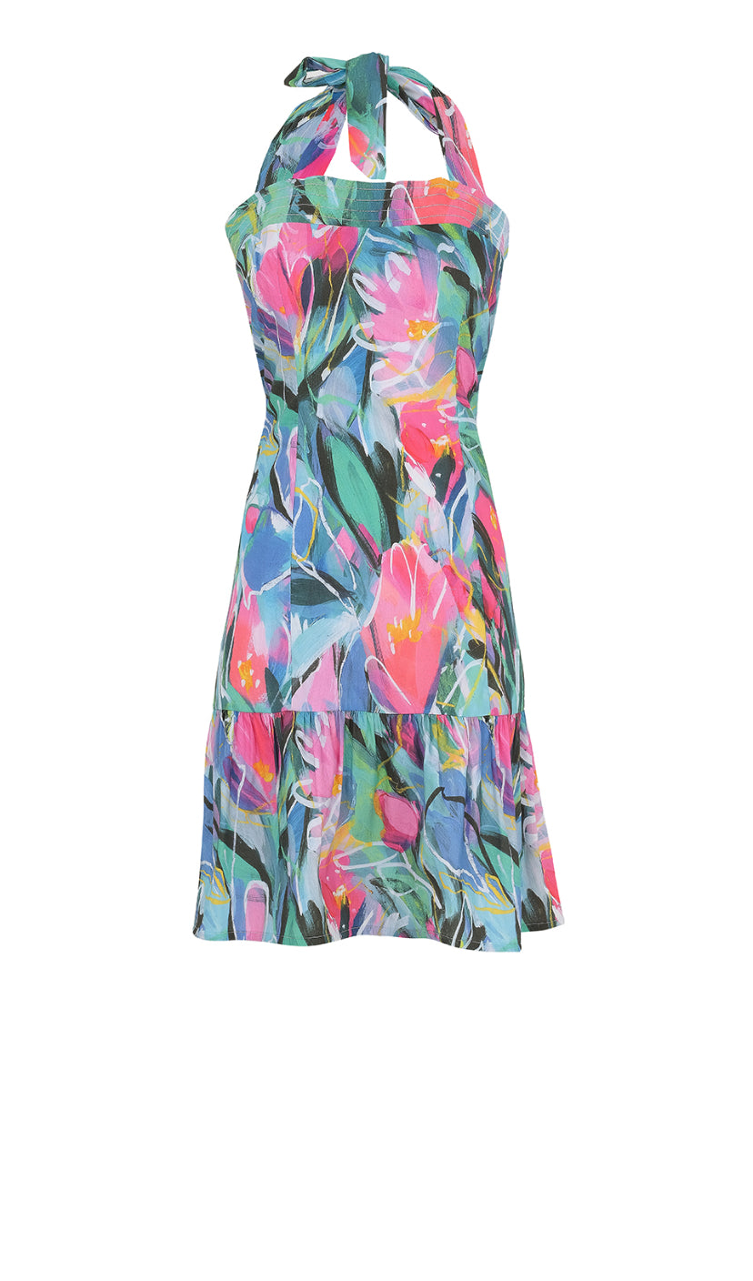 Hannahs Of Erin-Erin Ontario-Dolcezza-"Pure Joy" – Cotton-blend Sleeveless Dress style #25666
Halter neckline for a chic, flattering fit
Wide straps tied on the back for an adjustable, custom fit
Ruffled skirt for a feminine, playful silhouette
Side zipper 
Aqua blue and pink floral 
Tailored fit for a flattering look
Cotton-blend fabric