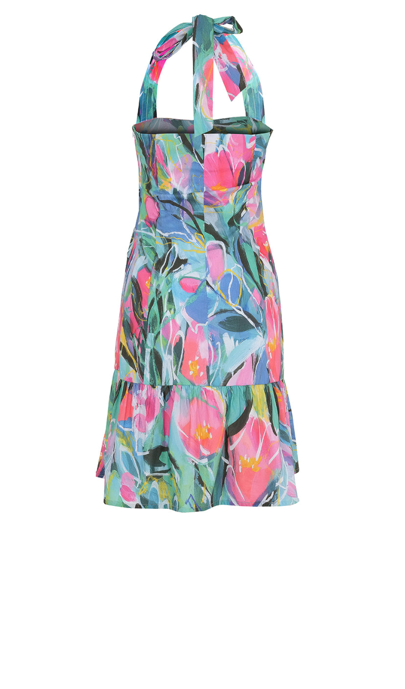 Hannahs Of Erin-Erin Ontario-Dolcezza-"Pure Joy" – Cotton-blend Sleeveless Dress style #25666
Halter neckline for a chic, flattering fit
Wide straps tied on the back for an adjustable, custom fit
Ruffled skirt for a feminine, playful silhouette
Side zipper 
Aqua blue and pink floral 
Tailored fit for a flattering look
Cotton-blend fabric