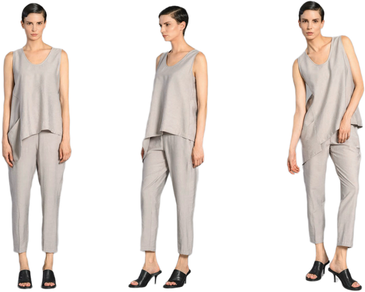 Hannahs Of Erin-Erin Ontario-Lotus Eaters-Sleeveless tunic top in a neutral griege colour, featuring a scoop neckline, relaxed fit, and asymmetric hemline, made from lightweight fabric perfect for summer.