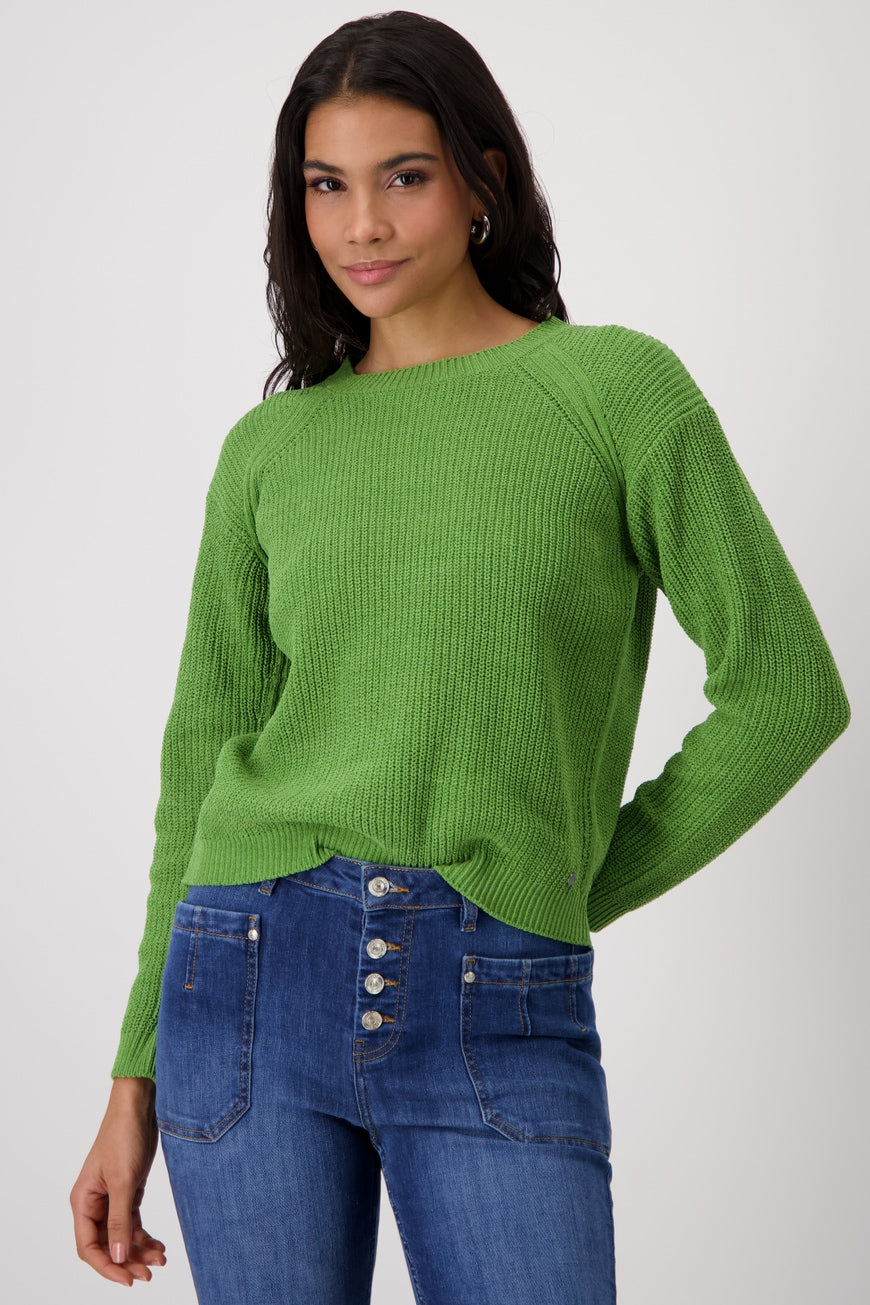 Hannahs Of Erin-Erin Ontario-Monari summer chenille knitted pullover-green. in half-cardigan stitch with ribbed round neckline, long raglan sleeves, and ribbed cuffs. A light, airy knit in a relaxed fit, perfect for chic layering and transitional styling