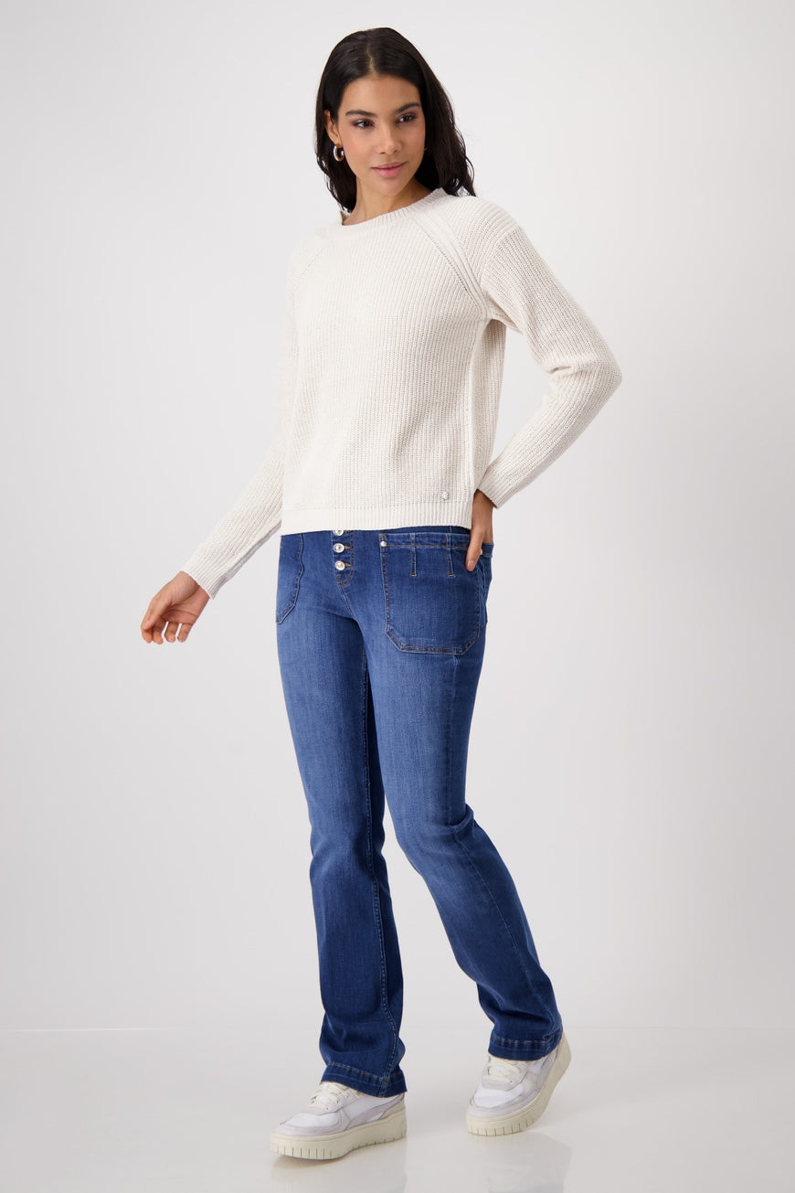 Hannahs Of Erin-Erin Ontario-Monari summer chenille knitted pullover-beige. in half-cardigan stitch with ribbed round neckline, long raglan sleeves, and ribbed cuffs. A light, airy knit in a relaxed fit, perfect for chic layering and transitional styling