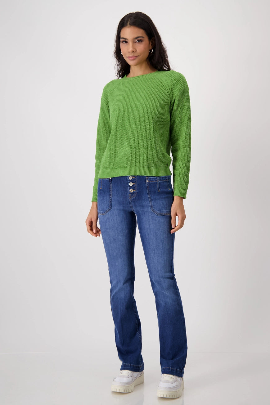 Hannahs Of Erin-Erin Ontario-Monari summer chenille knitted pullover-green. in half-cardigan stitch with ribbed round neckline, long raglan sleeves, and ribbed cuffs. A light, airy knit in a relaxed fit, perfect for chic layering and transitional styling