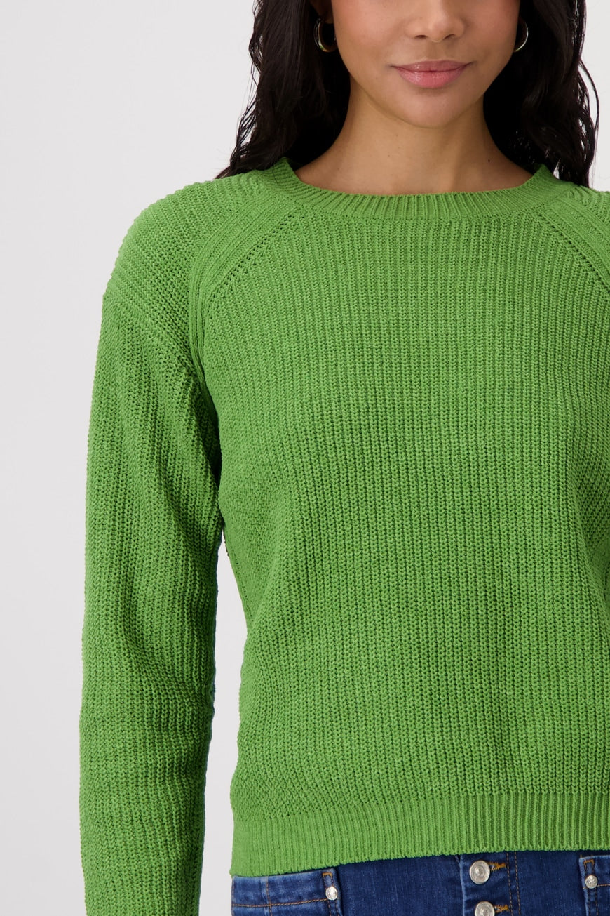 Hannahs Of Erin-Erin Ontario-Monari summer chenille knitted pullover-green. in half-cardigan stitch with ribbed round neckline, long raglan sleeves, and ribbed cuffs. A light, airy knit in a relaxed fit, perfect for chic layering and transitional styling