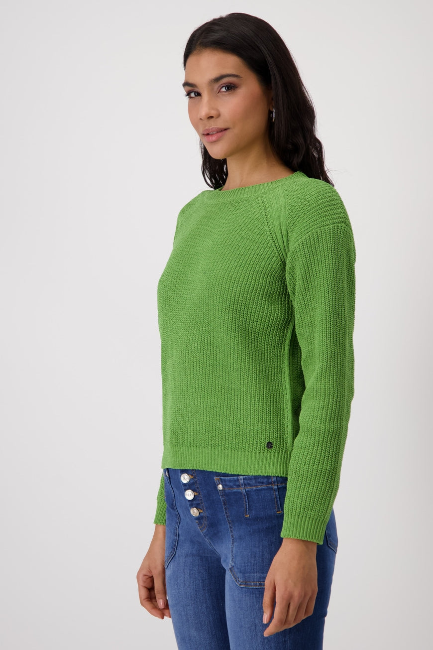 Hannahs Of Erin-Erin Ontario-Monari summer chenille knitted pullover-green. in half-cardigan stitch with ribbed round neckline, long raglan sleeves, and ribbed cuffs. A light, airy knit in a relaxed fit, perfect for chic layering and transitional styling