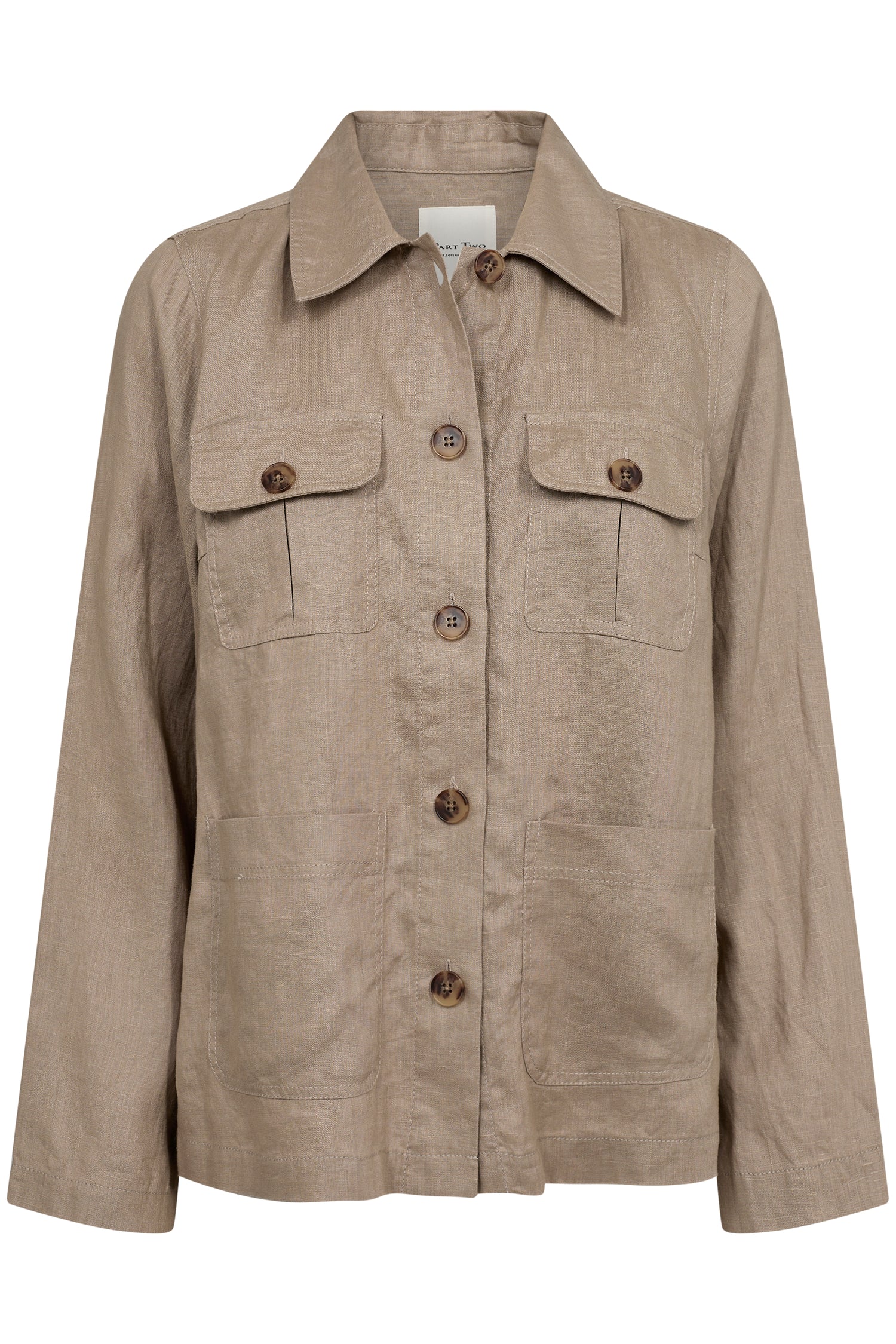 Hannahs Of Erin-Erin Ontario-Part Two-|ELNORA|Linen Jacket|3030-9560. A 100% linen jacket featuring a front button closure with tortoiseshell buttons, two chest flap pockets, two lower patch pockets, a structured collar, and a relaxed straight cut with full-length sleeves. Lightweight and breathable with a soft, textured weave designed for effortless layering