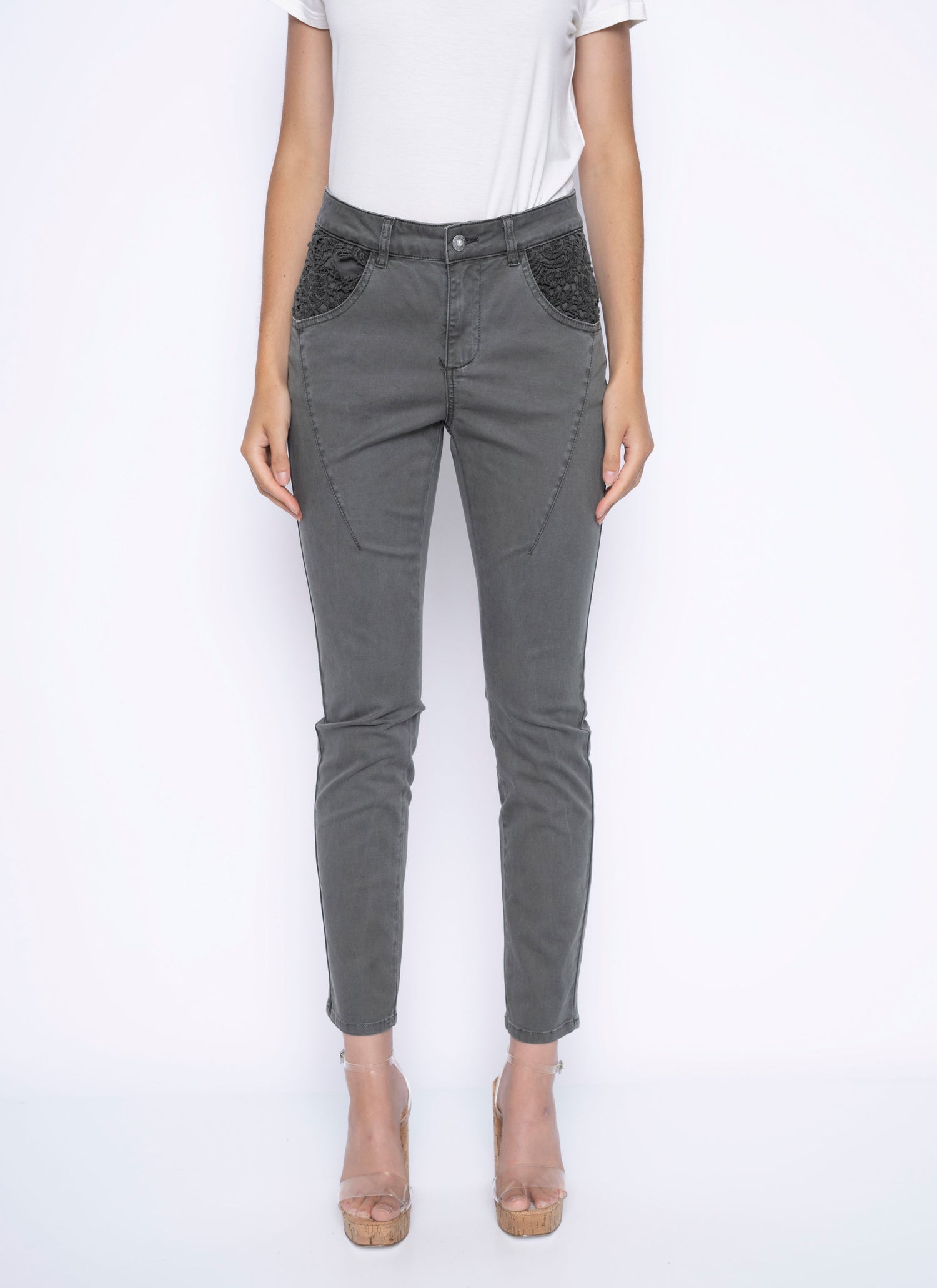 Hannahs Of Erin-Erin Ontario-Picadilly-Lace Detail Jeans-Lace Trim Regular Length  Pants-G6048



Available in Honeydew and Avocado
Button-front and zip closure
Belt loops for added convenience
Tummy control for a flattering fit
Lace-trimmed pockets for a feminine touch
Regular length for a classic look
Slim-leg design for a sleek silhouette
High-waisted style for an elongating effect


98% Cotton, 2% Spandex  
, slim-leg fit, fly front, 5 pocket styling, lace details on front pockets