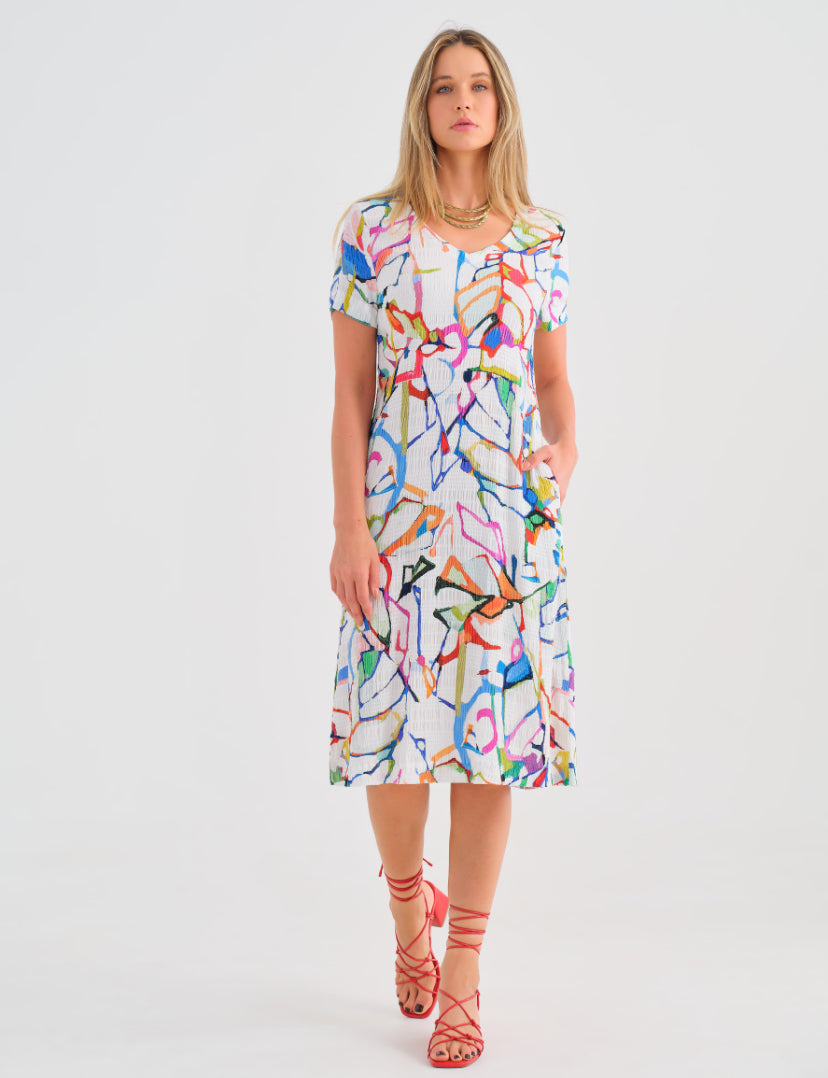 Hannahs Of Erin-Erin Ontario-Wind Whispers Midi Dress [25647]

Artistic & Elegant: Features a striking colourful abstract print by artist Mary Singleton
Flattering Fit: Relaxed A-line silhouette with a V-neckline
Comfortable Wear: Short sleeves & breathable 99% Viscose, 1% Spandex fabric
Functional & Stylish: Includes side pockets for convenience