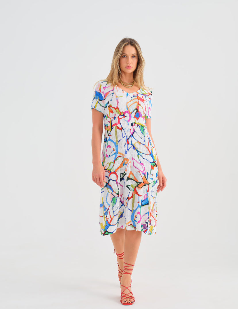 Hannahs Of Erin-Erin Ontario-Wind Whispers Midi Dress [25647]

Artistic & Elegant: Features a striking colourful abstract print by artist Mary Singleton
Flattering Fit: Relaxed A-line silhouette with a V-neckline
Comfortable Wear: Short sleeves & breathable 99% Viscose, 1% Spandex fabric
Functional & Stylish: Includes side pockets for convenience