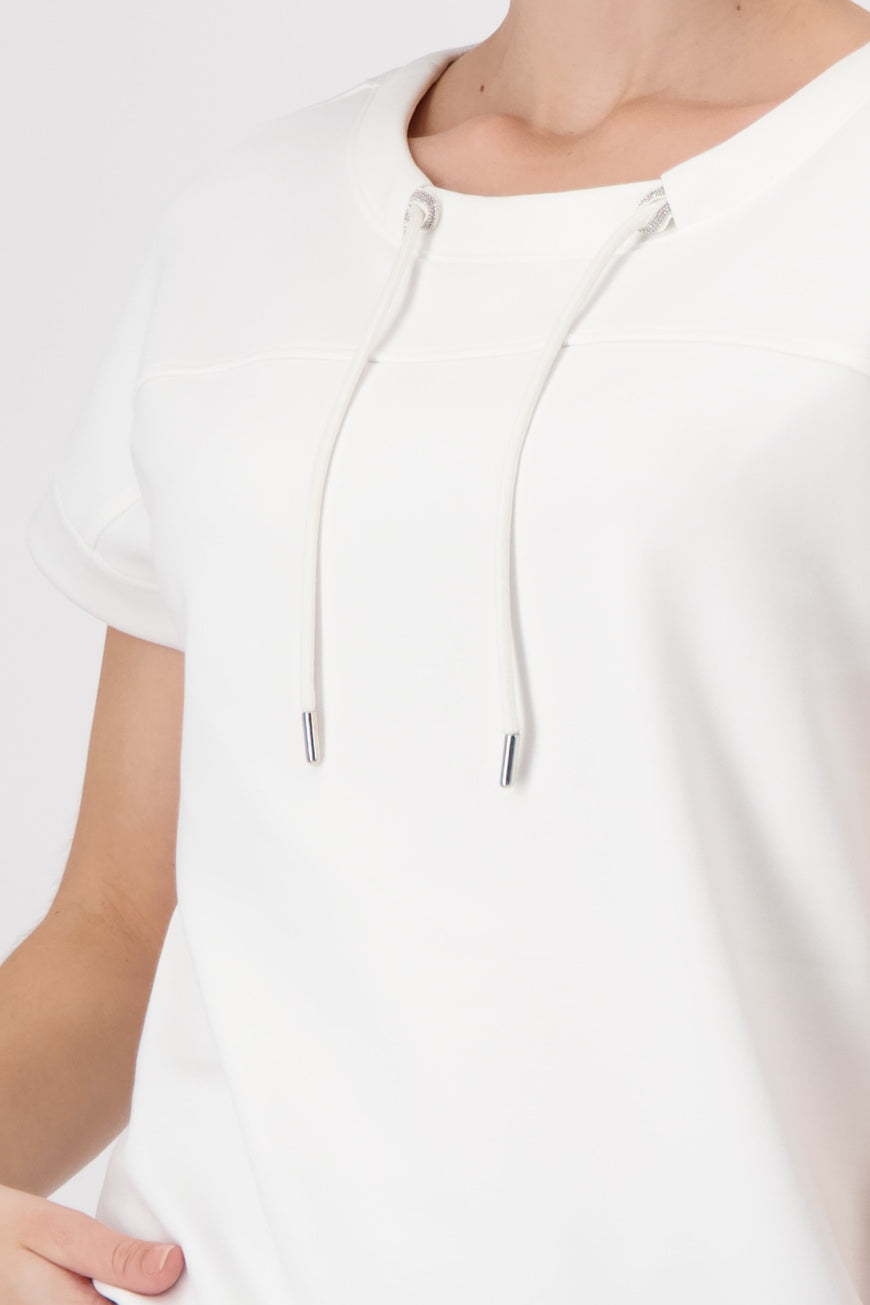 Hannahs_Of_Erin-Erin_Ontatio-Monari-S_S_BANU_SWEAT_SHIRT-white. Monari soft-touch sweatshirt in stretch modal blend, featuring a stand-up collar with metal grommet drawstring, short dropped sleeves, and a relaxed silhouette