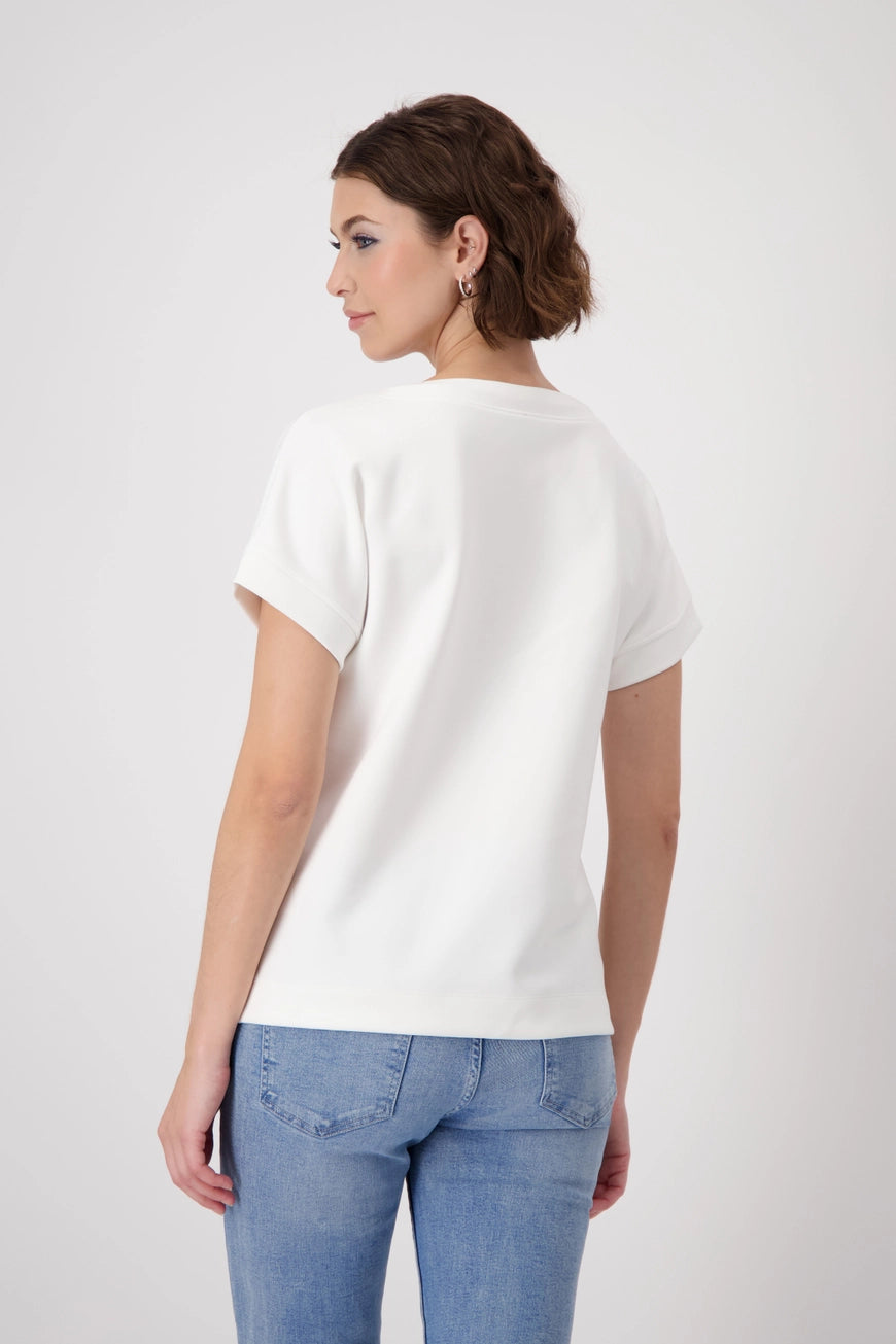 Hannahs_Of_Erin-Erin_Ontatio-Monari-S_S_BANU_SWEAT_SHIRT-white. Monari soft-touch sweatshirt in stretch modal blend, featuring a stand-up collar with metal grommet drawstring, short dropped sleeves, and a relaxed silhouette