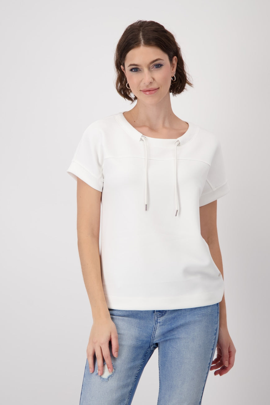 Hannahs_Of_Erin-Erin_Ontatio-Monari-S_S_BANU_SWEAT_SHIRT-white. Monari soft-touch sweatshirt in stretch modal blend, featuring a stand-up collar with metal grommet drawstring, short dropped sleeves, and a relaxed silhouette
