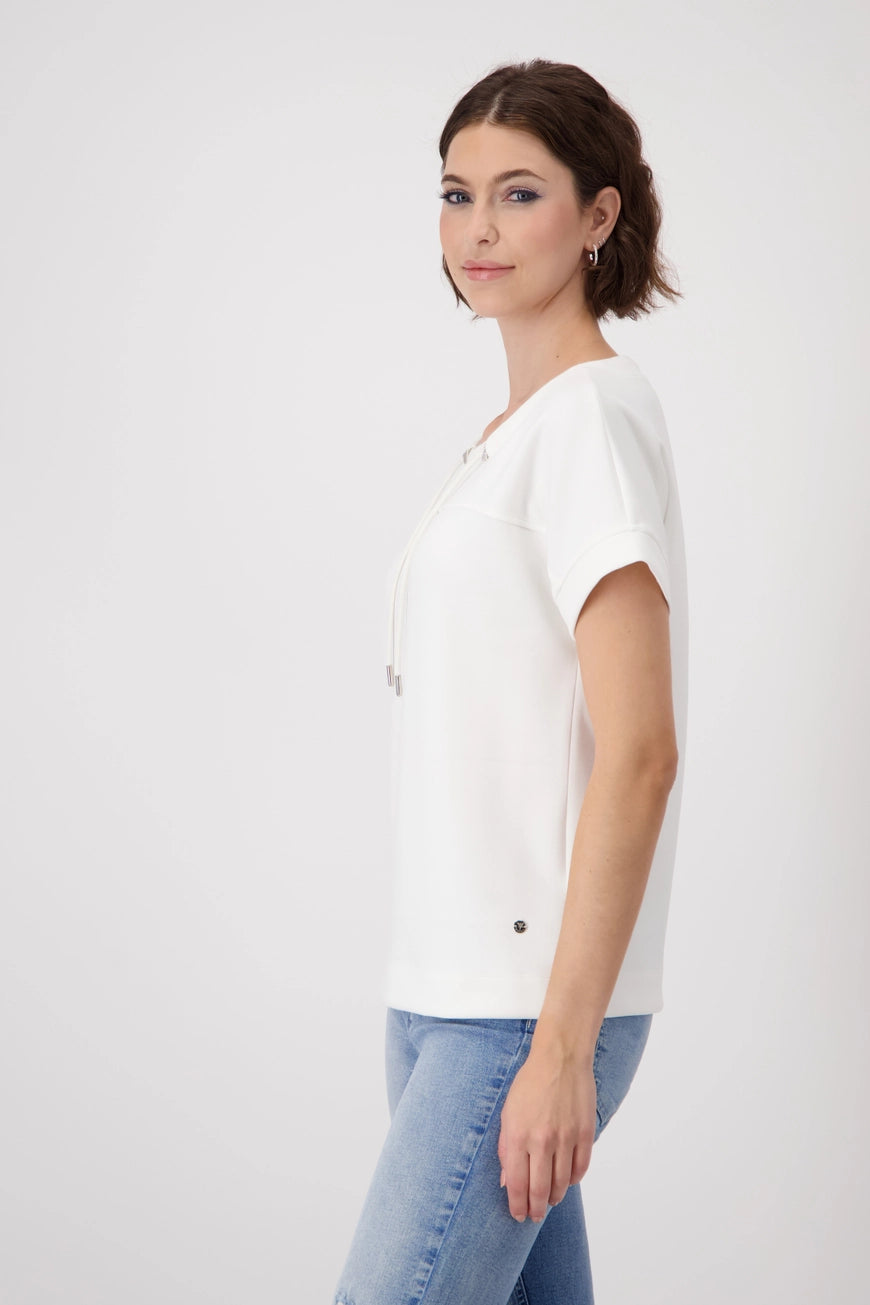 Hannahs_Of_Erin-Erin_Ontatio-Monari-S_S_BANU_SWEAT_SHIRT-white. Monari soft-touch sweatshirt in stretch modal blend, featuring a stand-up collar with metal grommet drawstring, short dropped sleeves, and a relaxed silhouette