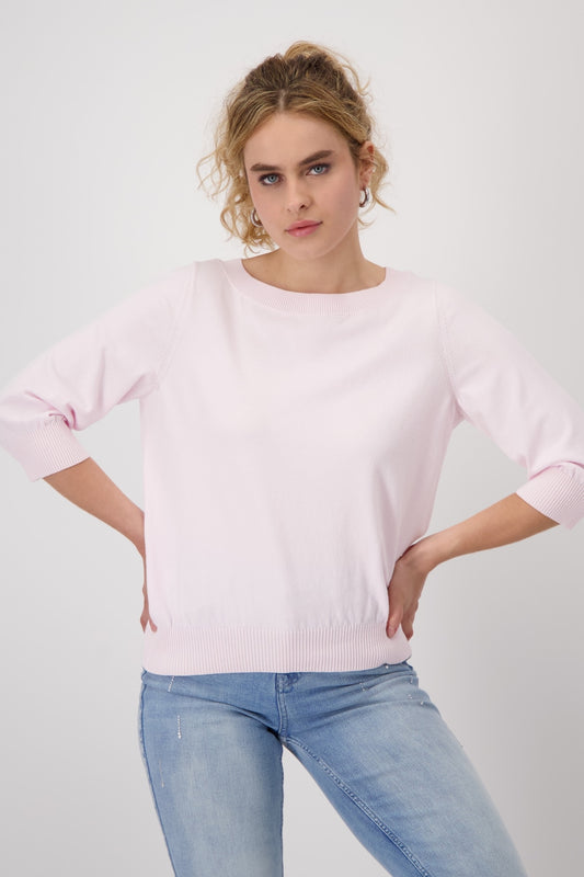 Hannahs Of Erin- Erin Ontario-Monari-Pink viscose blend knitted jumper with boat neckline, ¾ raglan sleeves, and ribbed cuffs and hem. Lightweight, regular fit with a soft, smooth drape for a chic and versatile look.

