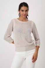 Hannahs Of Erin- Erin Ontario-Monari Knitted Jumper with embelishmentBeige cotton mesh sweater with ajour pattern and delicate rhinestones, featuring a ribbed round neckline, ¾ sleeves, and ribbed cuffs and hem. Regular fit with a breathable, airy texture and subtle shimmer.

