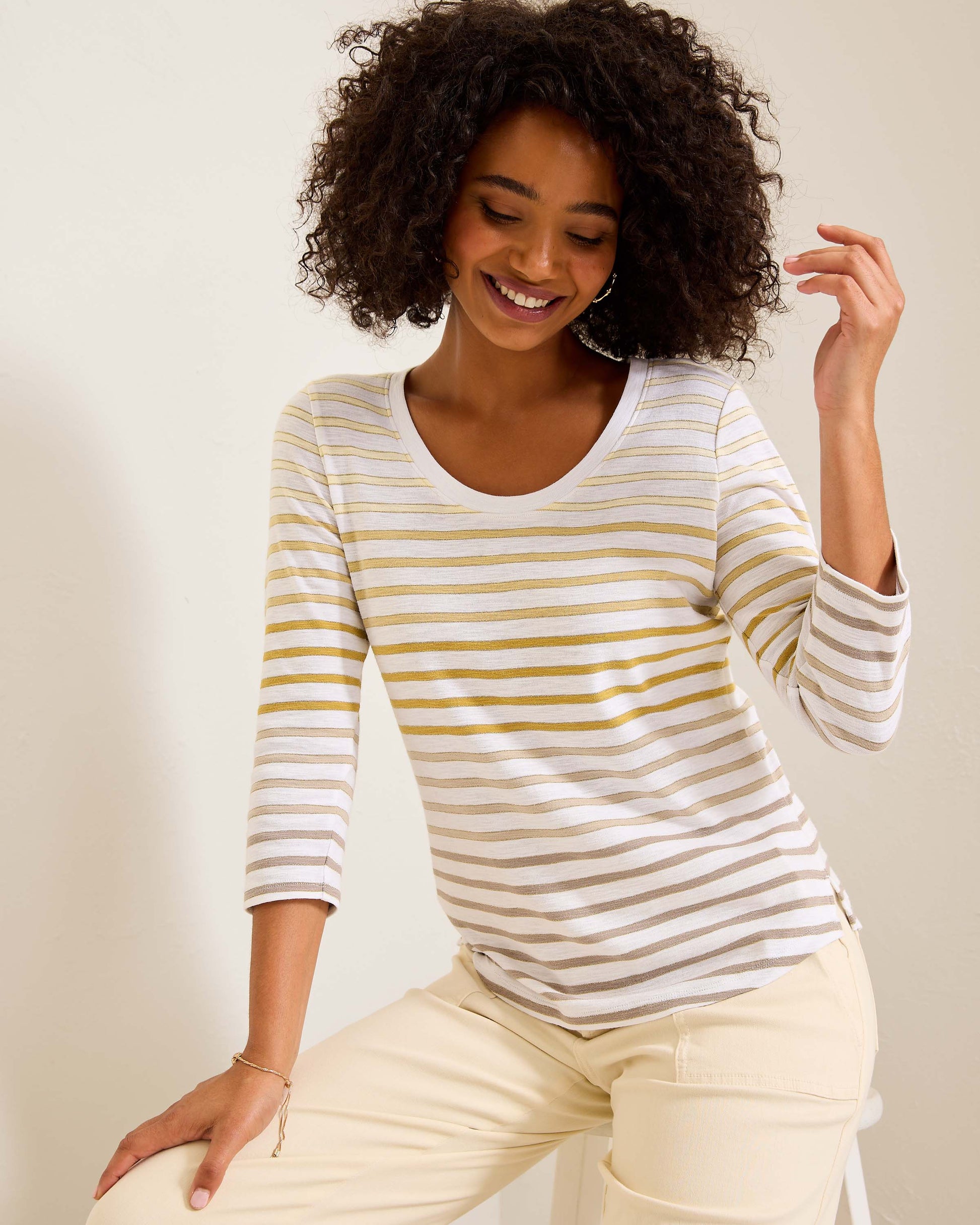 Hannahs Of Erin- Erin Ontario-Tommy Bahama Ashby Isles Horizon Stripe 3/4-Sleeve T-Shirt [SW221965], lightweight with a scoop neckline, made of 95% cotton and 5% other fibers, featuring ombré horizontal stripes and metallic shimmer for a festive yet casual look.