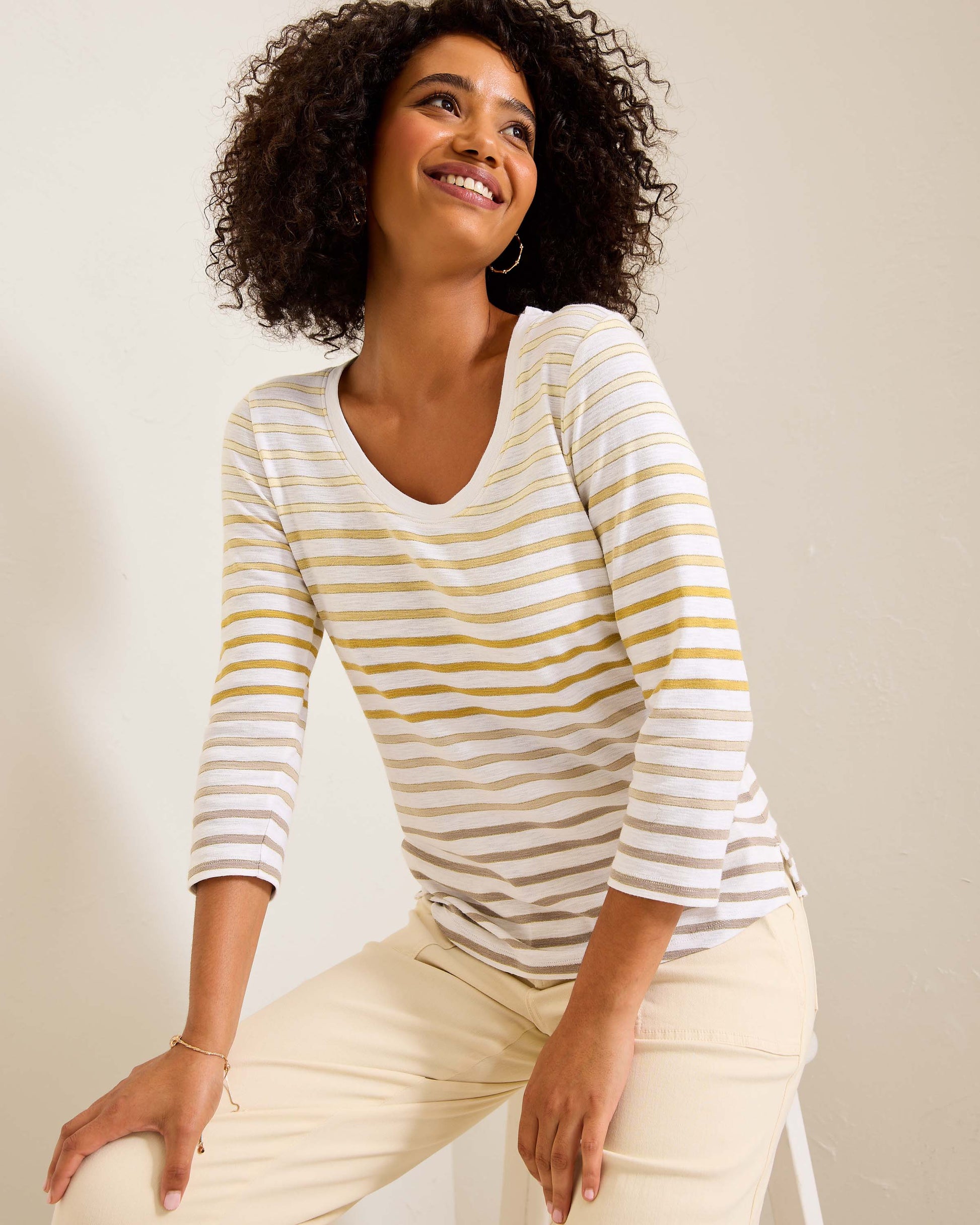 Hannahs Of Erin- Erin Ontario-Tommy Bahama Ashby Isles Horizon Stripe 3/4-Sleeve T-Shirt [SW221965], lightweight with a scoop neckline, made of 95% cotton and 5% other fibers, featuring ombré horizontal stripes and metallic shimmer for a festive yet casual look.