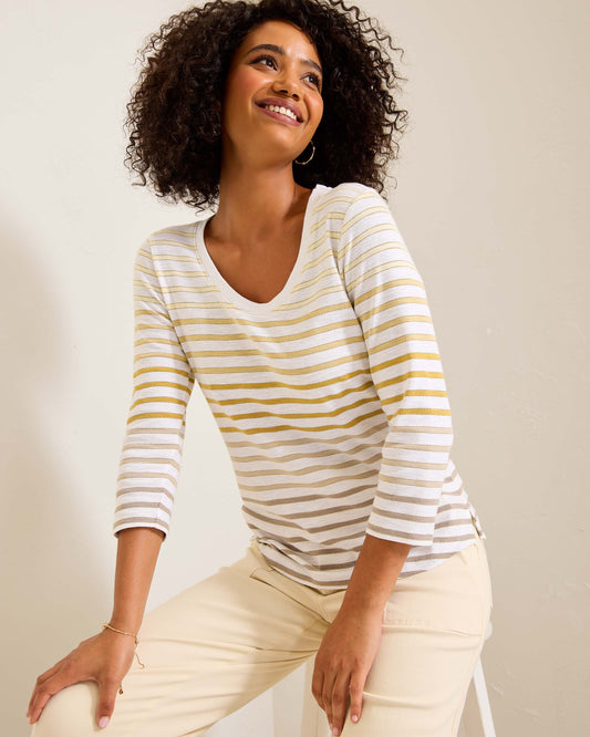 Hannahs Of Erin- Erin Ontario-Tommy Bahama Ashby Isles Horizon Stripe 3/4-Sleeve T-Shirt [SW221965], lightweight with a scoop neckline, made of 95% cotton and 5% other fibers, featuring ombré horizontal stripes and metallic shimmer for a festive yet casual look.