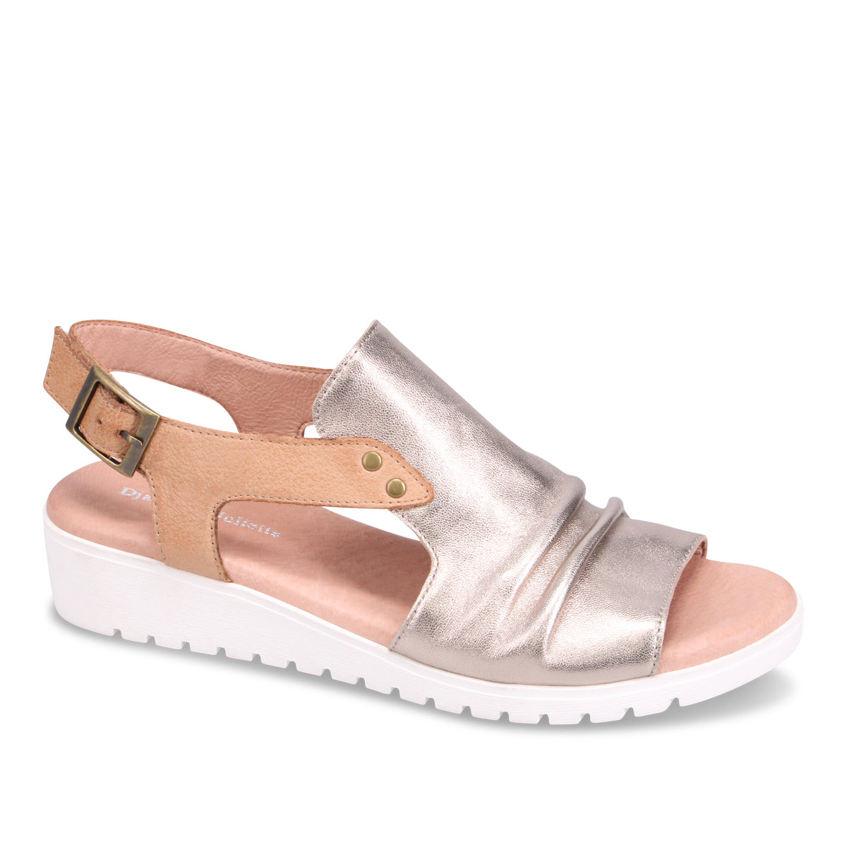 Hannahs Of Erin- Erin Ontario- Clothing Boutique-django & juliette-[MADIS] Madis Buckle Slide featuring a two-tone leather upper in bold hues and Champagne, a 1.3" heel, cushioned footbed, and a functioning buckle with a spacious, bunion-friendly toe box.
