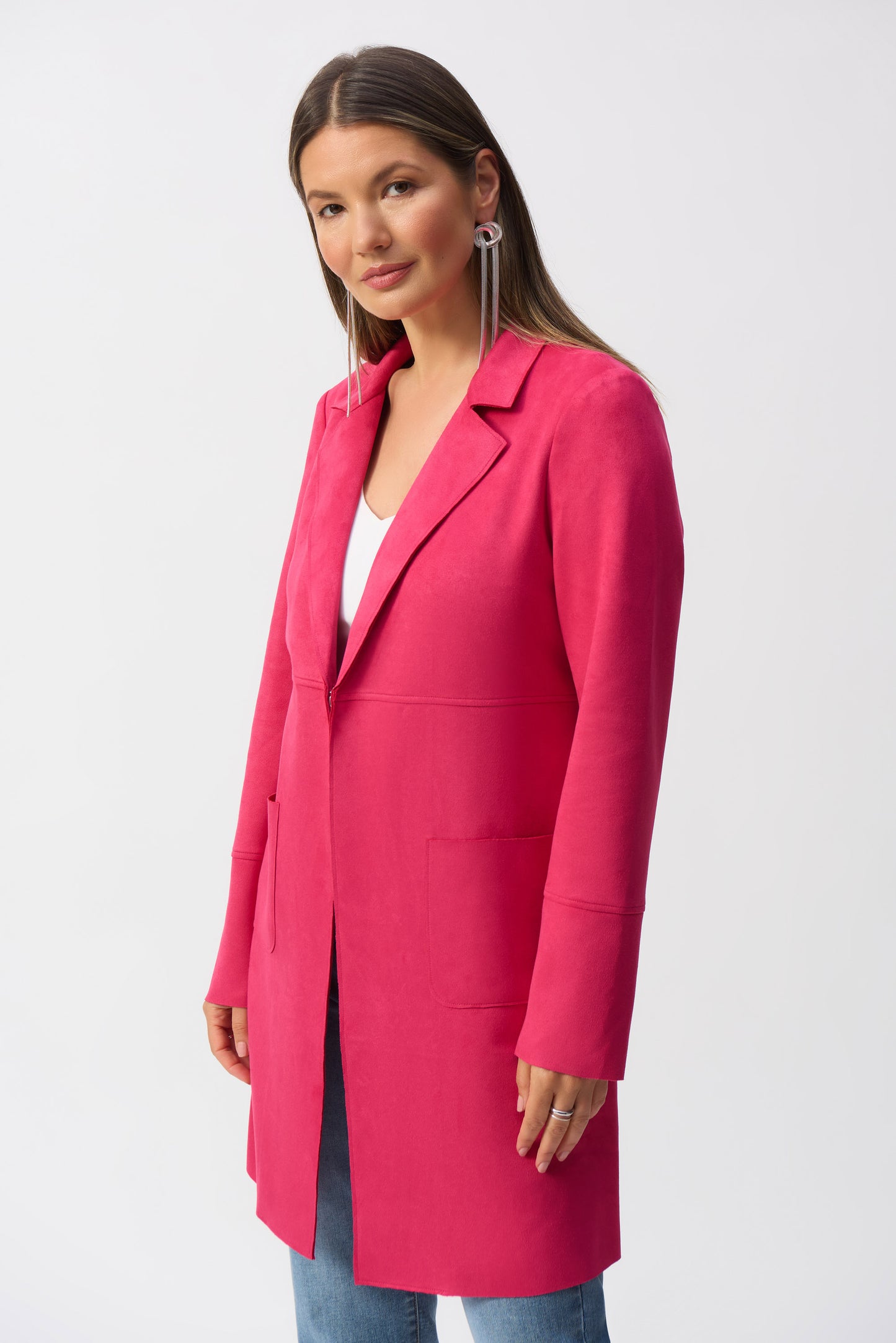 Hannahs_Of_Erin-_Erin_Ontario-_Joseph_Ribkoff-_Single-Breasted_Overcoat-_Geranium_-251941, mid-length overcoat featuring a notched lapel, straight long sleeves, and practical front pockets. Designed for a regular fit, this minimalist coat is crafted from 95% polyester and 5% spandex, offering a polished, timeless style perfect for formal, office, or semi-formal occasions