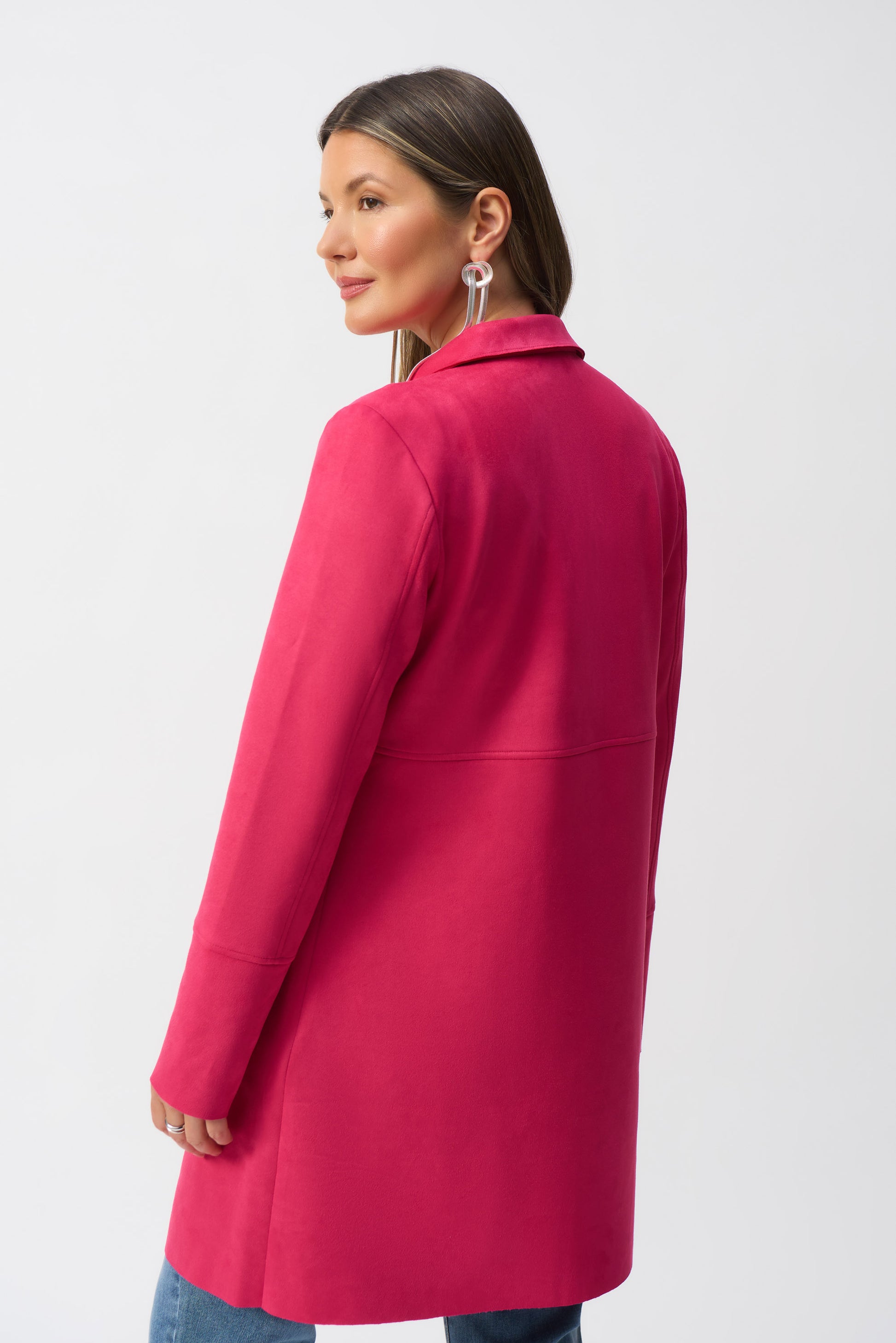 Hannahs_Of_Erin-_Erin_Ontario-_Joseph_Ribkoff-_Single-Breasted_Overcoat-_Geranium_-251941, mid-length overcoat featuring a notched lapel, straight long sleeves, and practical front pockets. Designed for a regular fit, this minimalist coat is crafted from 95% polyester and 5% spandex, offering a polished, timeless style perfect for formal, office, or semi-formal occasions