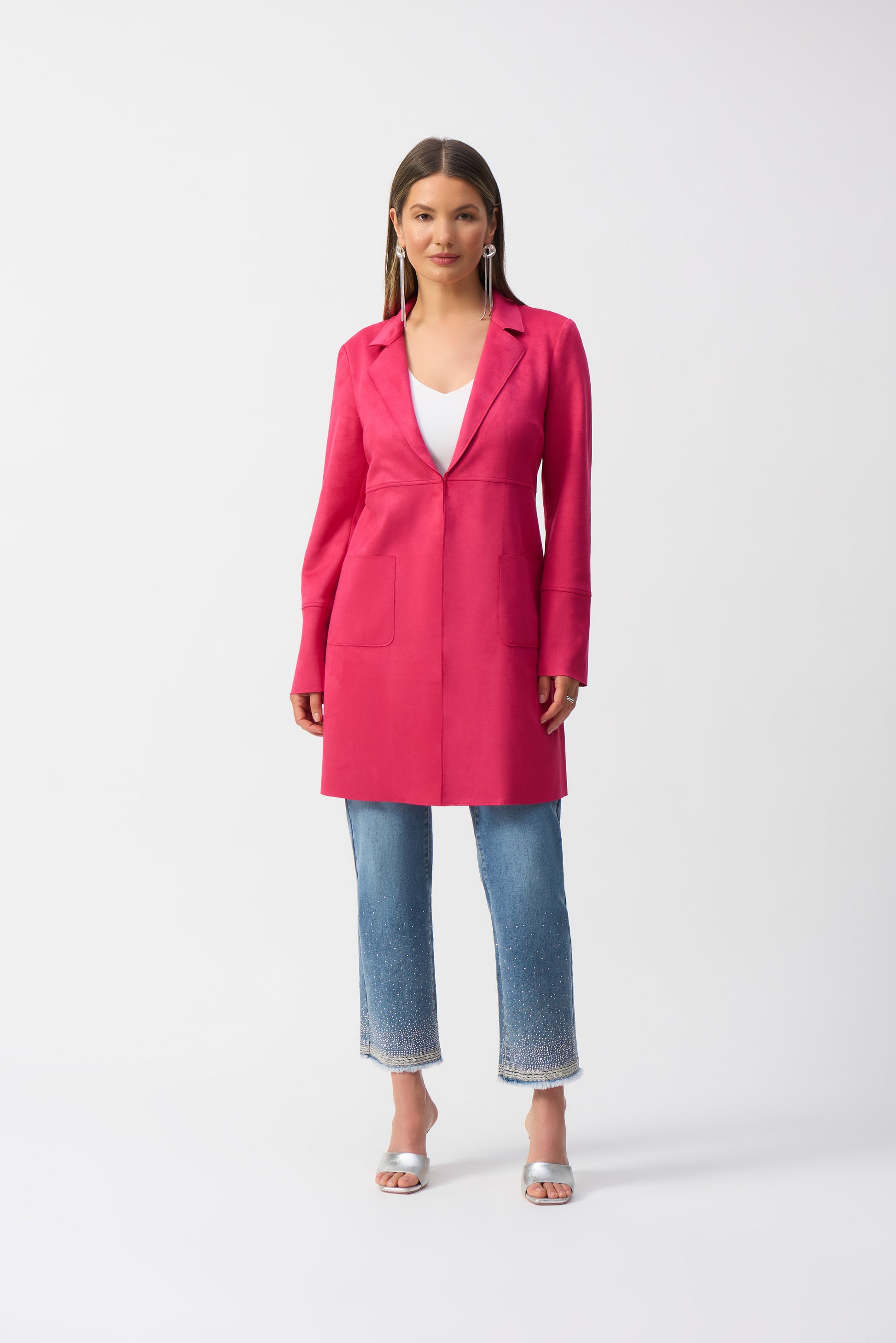 Hannahs_Of_Erin-_Erin_Ontario-_Joseph_Ribkoff-_Single-Breasted_Overcoat-_Geranium_-251941, mid-length overcoat featuring a notched lapel, straight long sleeves, and practical front pockets. Designed for a regular fit, this minimalist coat is crafted from 95% polyester and 5% spandex, offering a polished, timeless style perfect for formal, office, or semi-formal occasions
