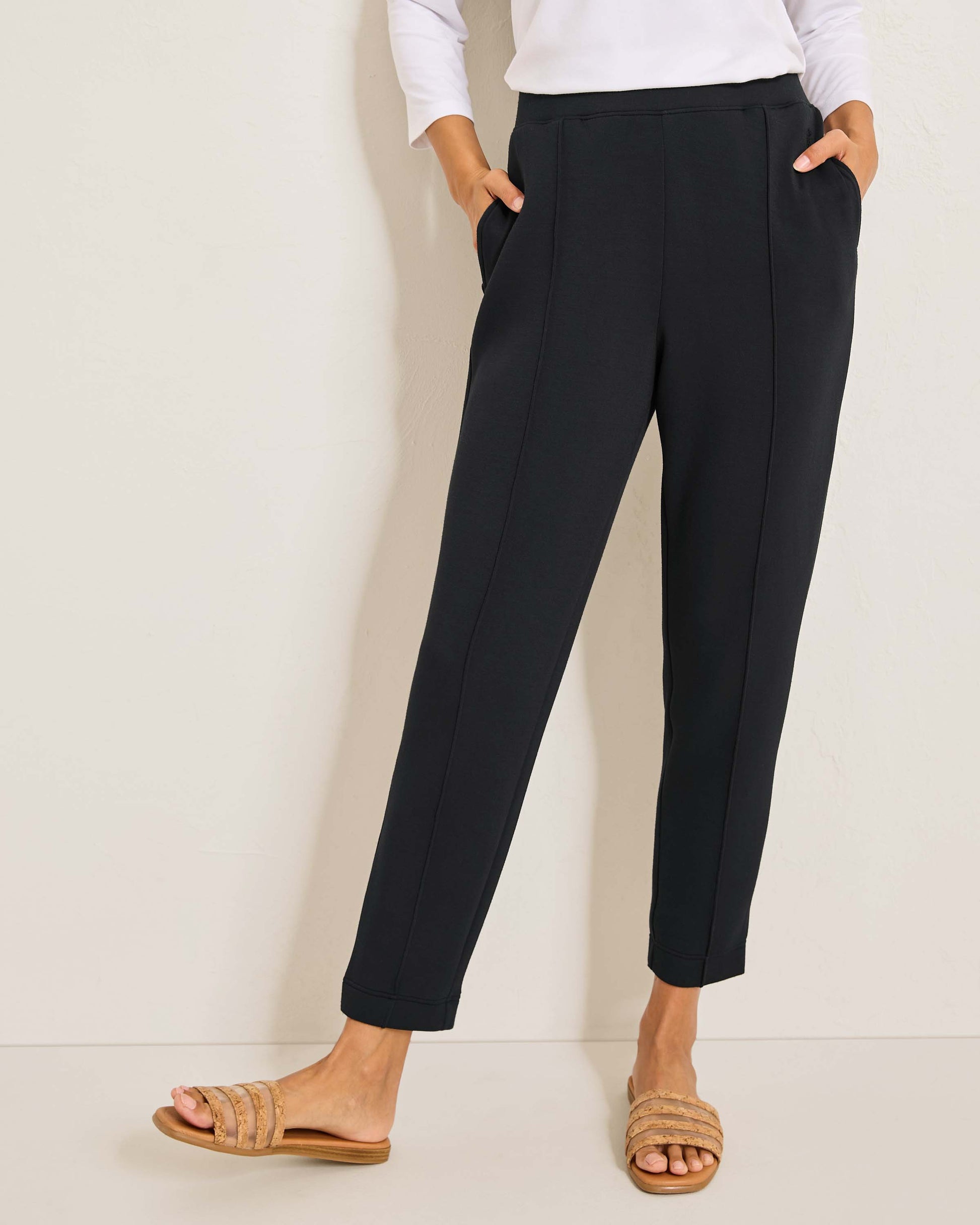 Hannahs Of Erin- Erin Ontario -Tommy Bahama Palm Voyage Black Pintuck Pants- SW121077-colour Black, pockets and 4-way stretch, featuring a lightweight, breathable fabric, central seam detail, half-elastic waistband, and 27" inseam for a flattering and comfortable fit.