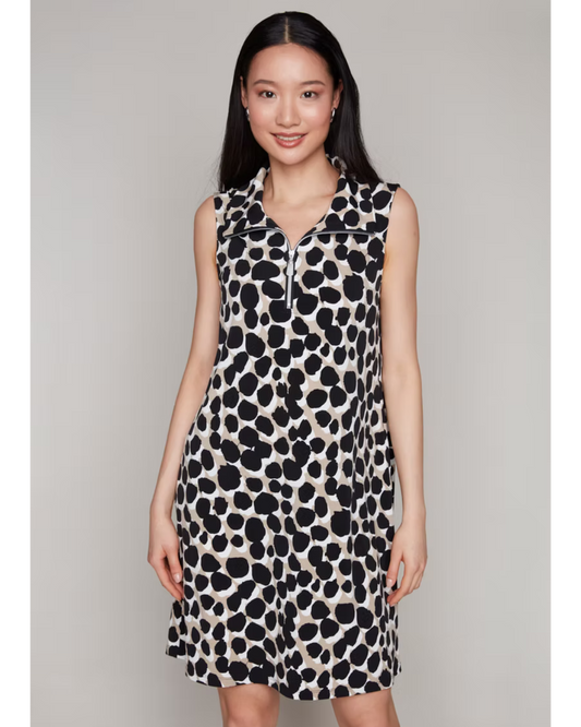 Hannahs Of Erin-Erin Ontario-Compli K-Abstract Animal Print Sleeveless Dress Style 33907
nuetral toned Sleeveless A-line mini dress with a tailored yet relaxed fit, featuring a V-neckline and 3/4 front zipper. Designed in an abstract polka-dot print with an above-the-knee hemline. Made from a soft, stretchy blend of 95% polyester and 5% spandex for breathable comfort and a smooth drape. No pockets for a clean, streamlined silhouette.