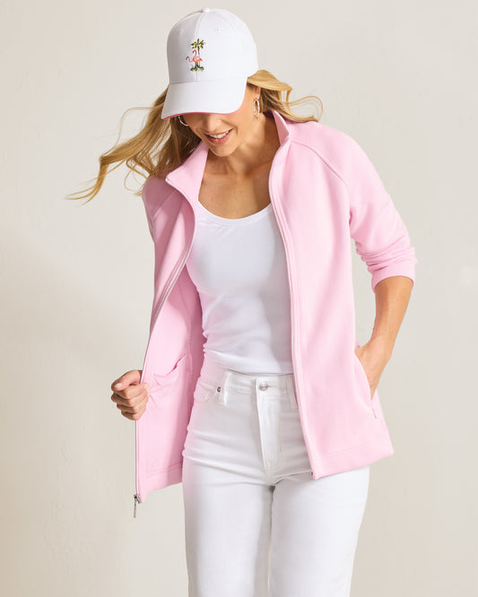 Hannahs Of Erin - Erin Ontario- Clothing Boutique-Tommy Bahama-Aruba Full-Zip Sweatshirt- colour Cyber Light (soft pink) full-zip front, zippered pockets, sleek stitching, stand-up collar, preppy style, relaxed fit, breathable cotton, jacket, comfortable stretch, casual wear, layering piece, elevated style, versatile wardrobe essential, sporty vibe, chic casual look, easy-care fabric 