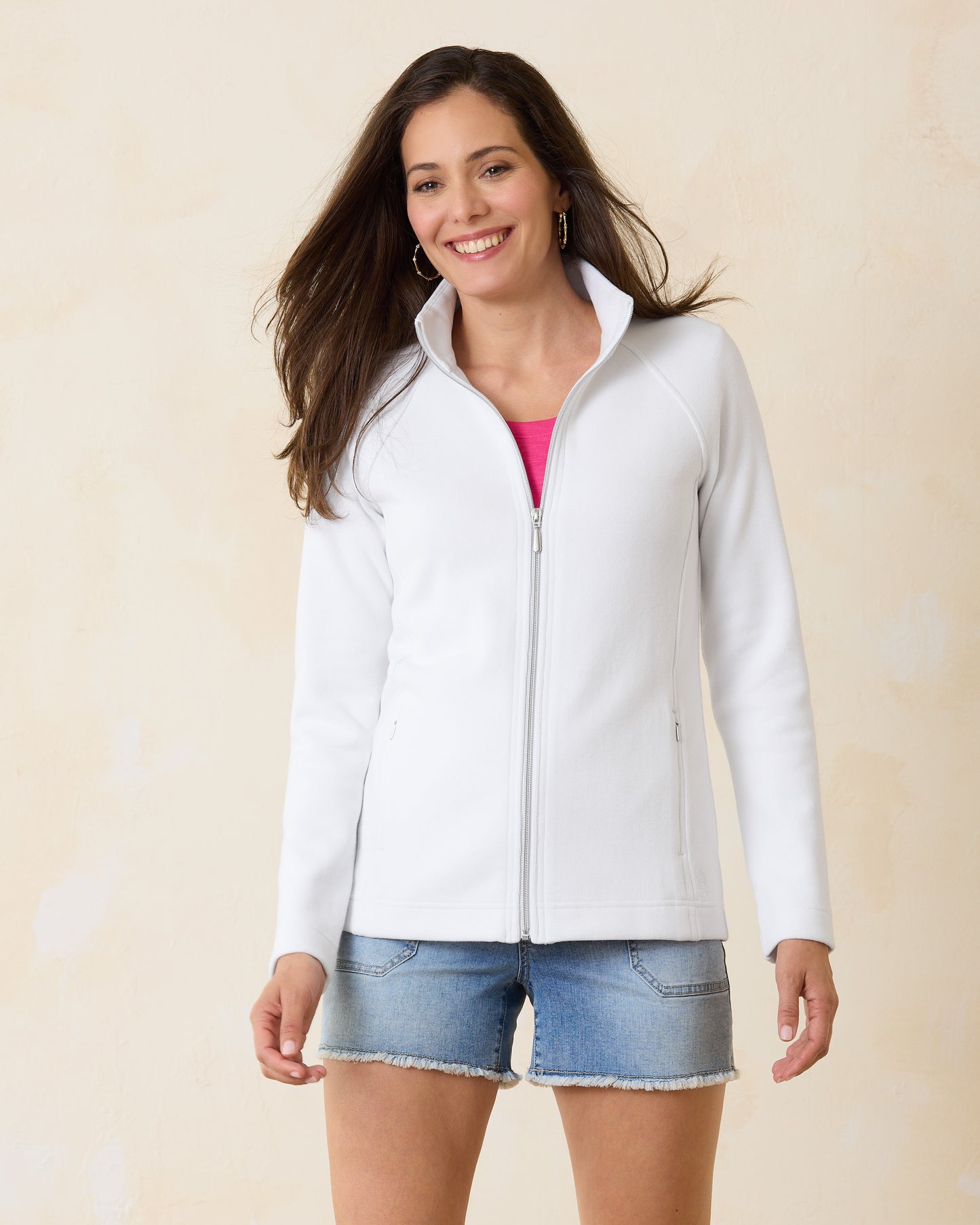 Hannahs Of Erin - Erin Ontario- Clothing Boutique-Tommy Bahama-Aruba Full-Zip Sweatshirt- colour White full-zip front, zippered pockets, sleek stitching, stand-up collar, preppy style, relaxed fit, breathable cotton, jacket, comfortable stretch, casual wear, layering piece, elevated style, versatile wardrobe essential, sporty vibe, chic casual look, easy-care fabric 