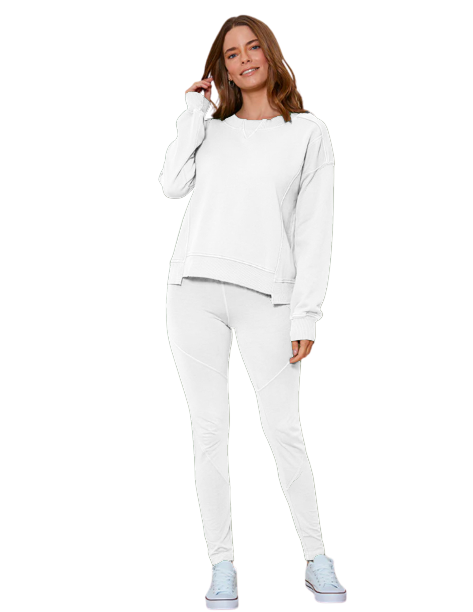 Hannahs_Of_Erin_-_Erin_Ontario-_Mod_o_Doc_-white_crop_sweatshirt-41E-11177-White. A chic cropped long-sleeve sweatshirt featuring a stylish "Dorito" inset design, crafted from ultra-soft cashmere French terry. Made with 100% cotton, this cozy pullover offers a flattering cropped silhouette, high-low hemline, perfect for pairing with high-waisted jeans, joggers, or skirts for a trendy and versatile look.