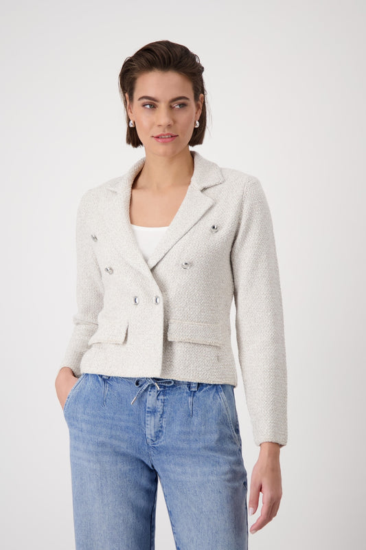 Hannahs Of Erin - Erin Ontario- Monari- Soft White -Elegant tweed knitted blazer-409479 in viscose blend with shimmering lurex, featuring lapel collar, long sleeves, button placket, faux flap pockets, and elongated front hem. Slightly fitted silhouette with decorative buttons and woven texture.

