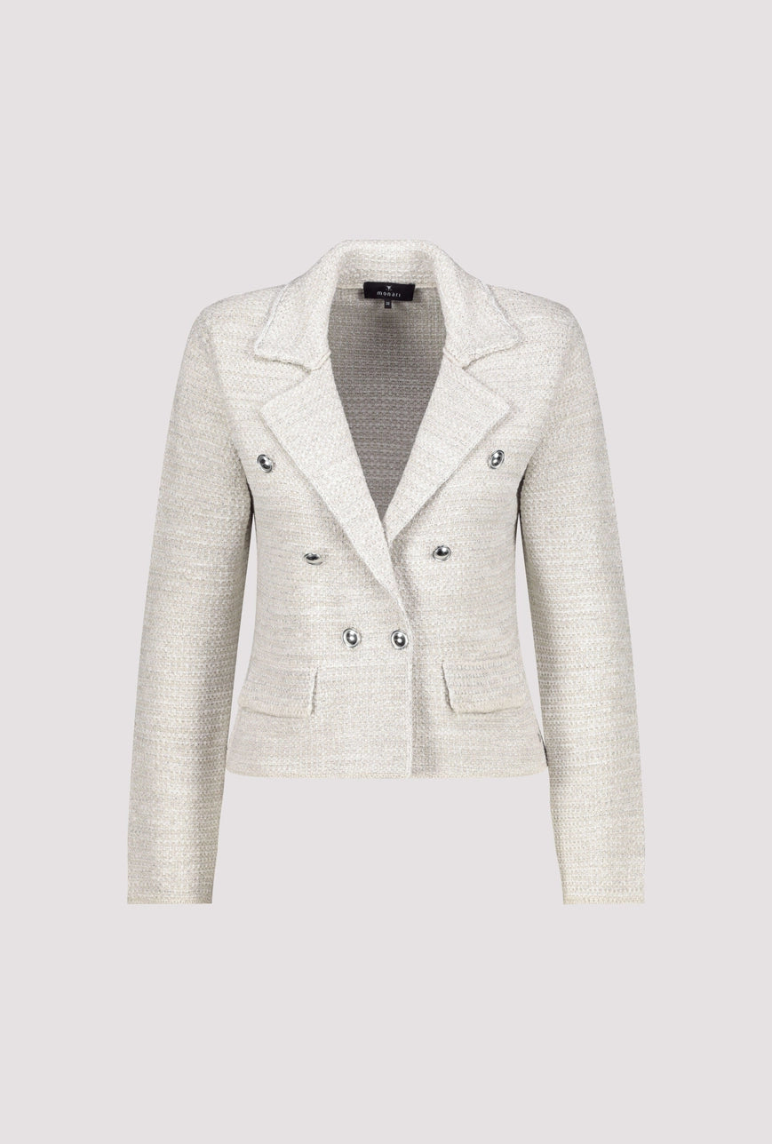 Hannahs Of Erin - Erin Ontario- Monari- Soft White -Elegant tweed knitted blazer-409479 in viscose blend with shimmering lurex, featuring lapel collar, long sleeves, button placket, faux flap pockets, and elongated front hem. Slightly fitted silhouette with decorative buttons and woven texture.

