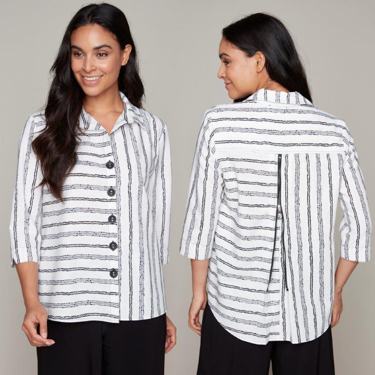Hannahs Of Erin| Erin Ontario| Compli K-Striped Blouse 33916. Hip-length black and white striped blouse with a shirt-style collar, 3/4 straight sleeves, button-front closure, and a unique back vent featuring a zipper detail—perfect for versatile, polished styling.