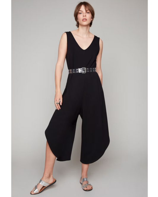 Hannahs Of Erin|Erin Ontario| Compli K|Sleeveless V-neck jumpsuit|33979. Solid  black colour with a flattering feminine silhouette,cropped wide leg with hi-low hemline, crafted from a soft bamboo, viscose, and spandex blend—perfect for casual summer occasions and versatile styling.