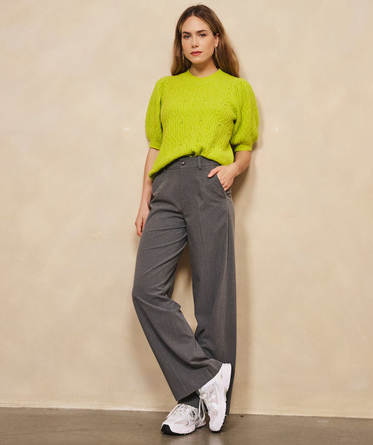 Hannahs Of Erin | Erin Ontario| Esqualo | Trouser|
 grey melange Esqualo trousers with a wide-leg, full-length silhouette and mid-rise fit. Features a pleated seam, fly front closure, side pockets at the front, and faux paspel pockets at the back. Made from a soft stretch blend of polyester and spandex for comfort and shape, designed for polished everyday wear.