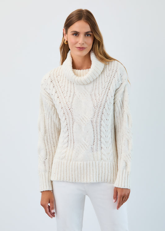 Hannahs Of Erin | Erin Ontario | FDJ | Cream Cable Cowl Neck Sweater. French Dressing Jeans Cream Cable Cowl Neck Sweater crafted from 100% polyester, featuring a luxuriously soft cable knit design, elegant draped cowl neckline, and flattering feminine silhouette, perfect for refined autumn and winter styling.


