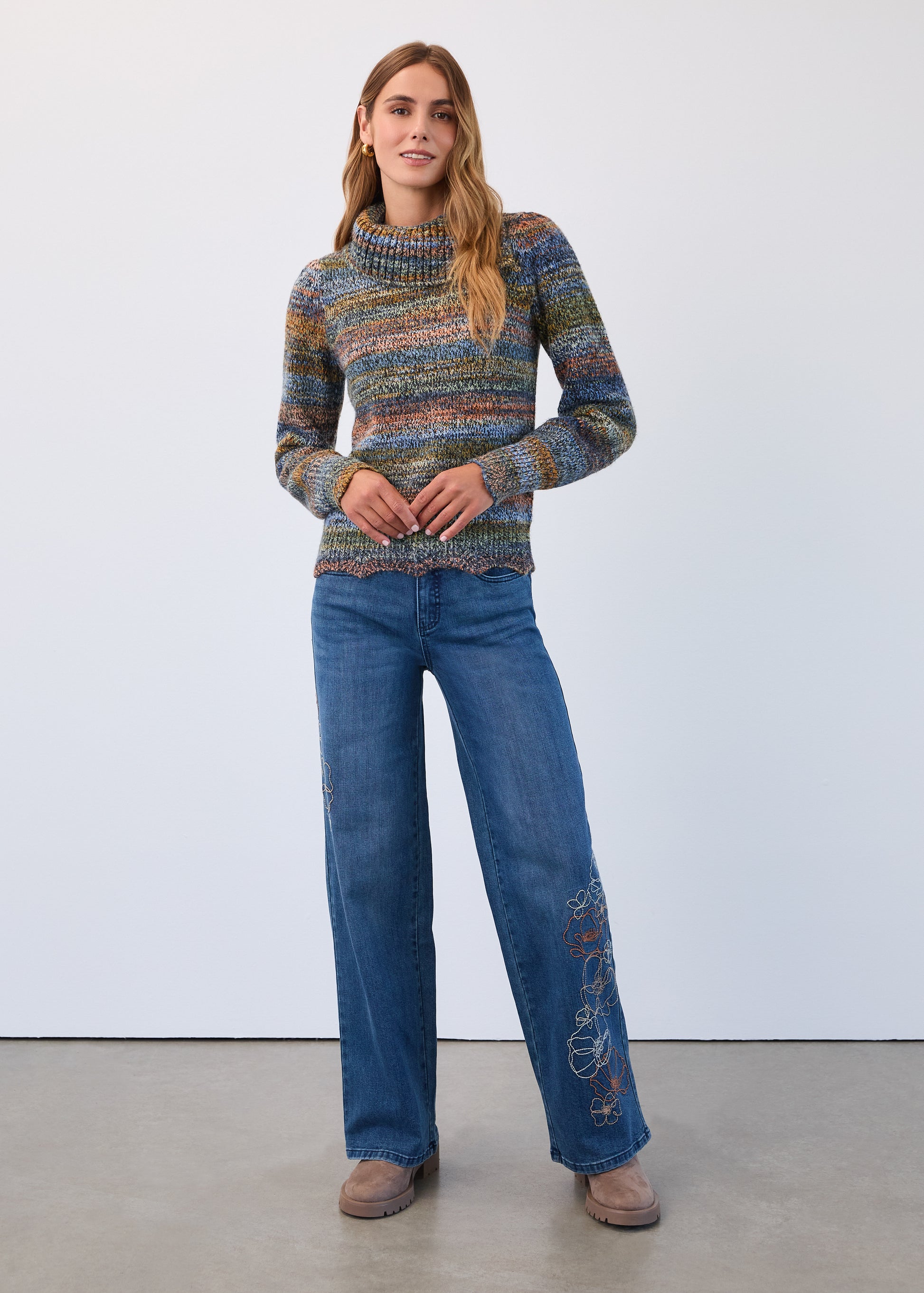 Hannahs Of Erin| Erin Ontario|FDJ | Envelope Neckline Space Dye Knit Sweater.

autumnal multi coloured knit,

Cozy knit sweater,
Envelope style neckline,
Pointelle scallop hem detail
Length 24”
73% Acrylic 14% Polyester 13% Nylon,
Machine gentle wash cold