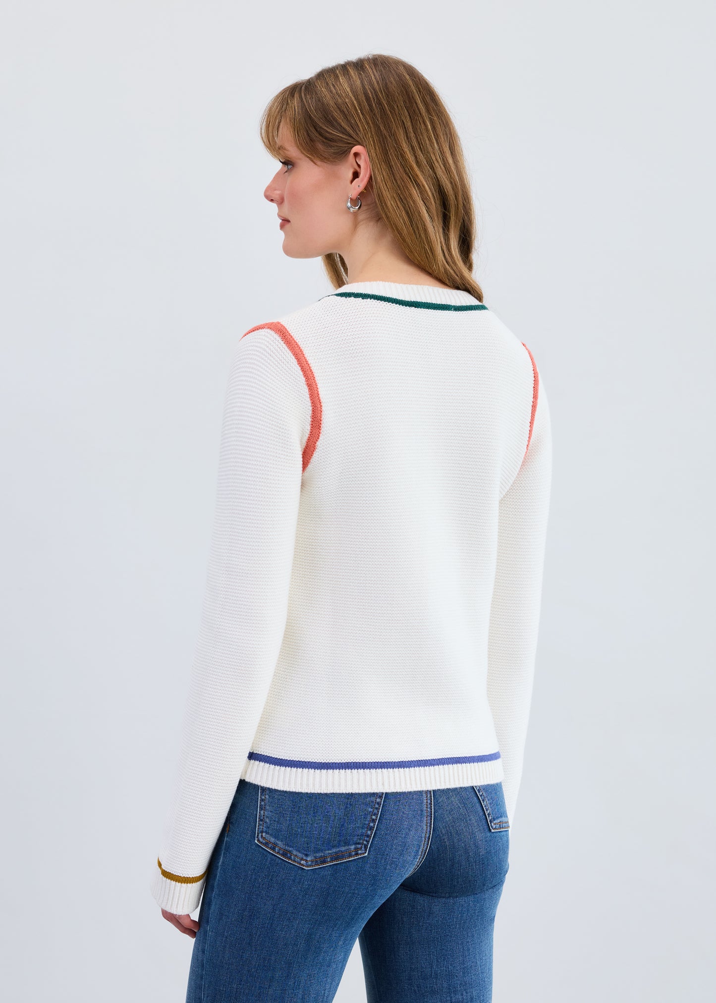 Hannahs Of Erin | Erin Ontario| FDJ | Long-Sleeve Tipping Cardigan Creme|FDJ crème long-sleeve cardigan knitted from soft 100% cotton with sharp contrasting tipping, featuring a tailored fit, round neckline, and button-front closure for polished, versatile layering.